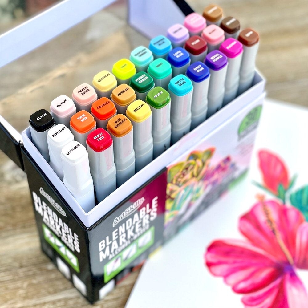 Dual-Tip Blendable Alcohol Markers with Colorless Blenders, 32 Ct