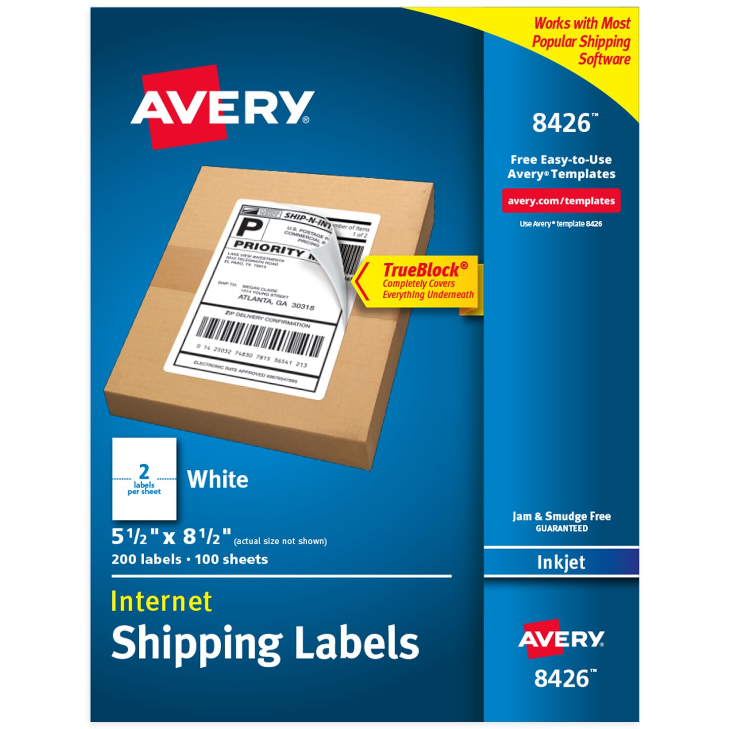 Avery Printable Shipping Labels, 5.5" x 8.5" Customizable Stickers, White, 200 Blank Mailing Labels, Great for Mailing, Shipping, Organizing, and More (8426)
