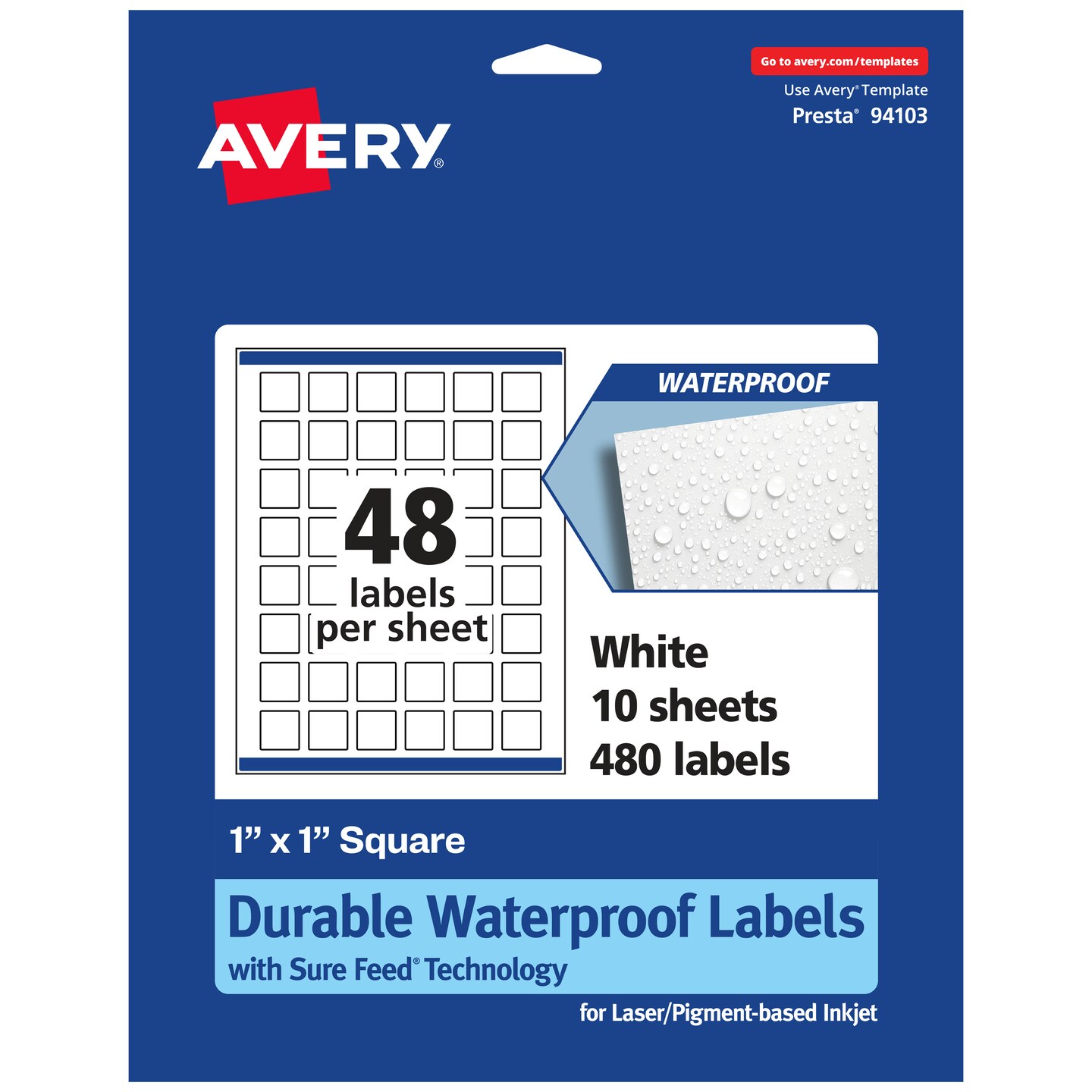 Avery Durable Waterproof Square Labels with Sure Feed, 1&#x22; x 1&#x22;