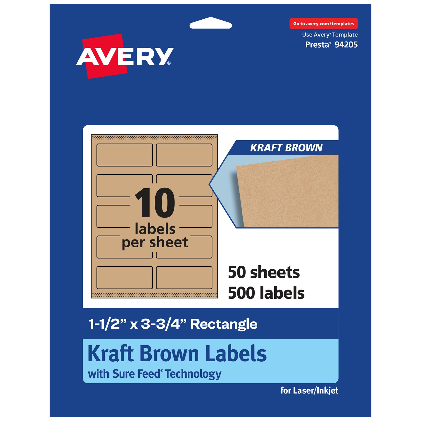 Avery Kraft Brown Rectangle Labels with Sure Feed, 1.5&#x22; x 3.75&#x22;