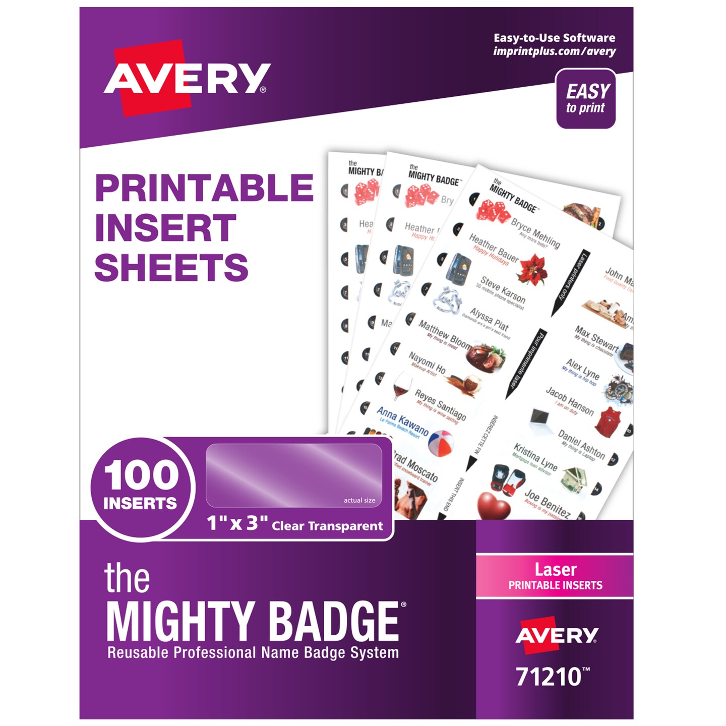 The Mighty Badge by Avery Printable Insert Sheets, 1&#x22; x 3&#x22; ID Badges, 100 Clear Inserts (5 Sheets) for Laser Printers (71210)