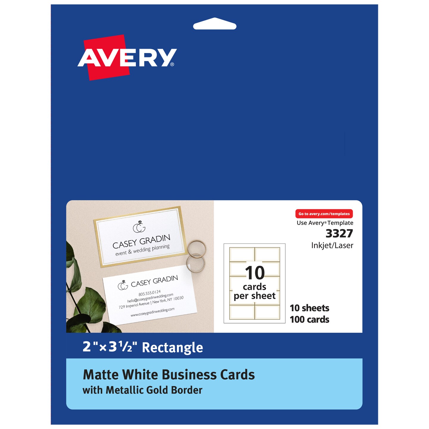Avery Business Cards with Metallic Gold Borders, 2 x 3.5, 100 Total,  Laser/Inkjet Printable Business Cards (3327)