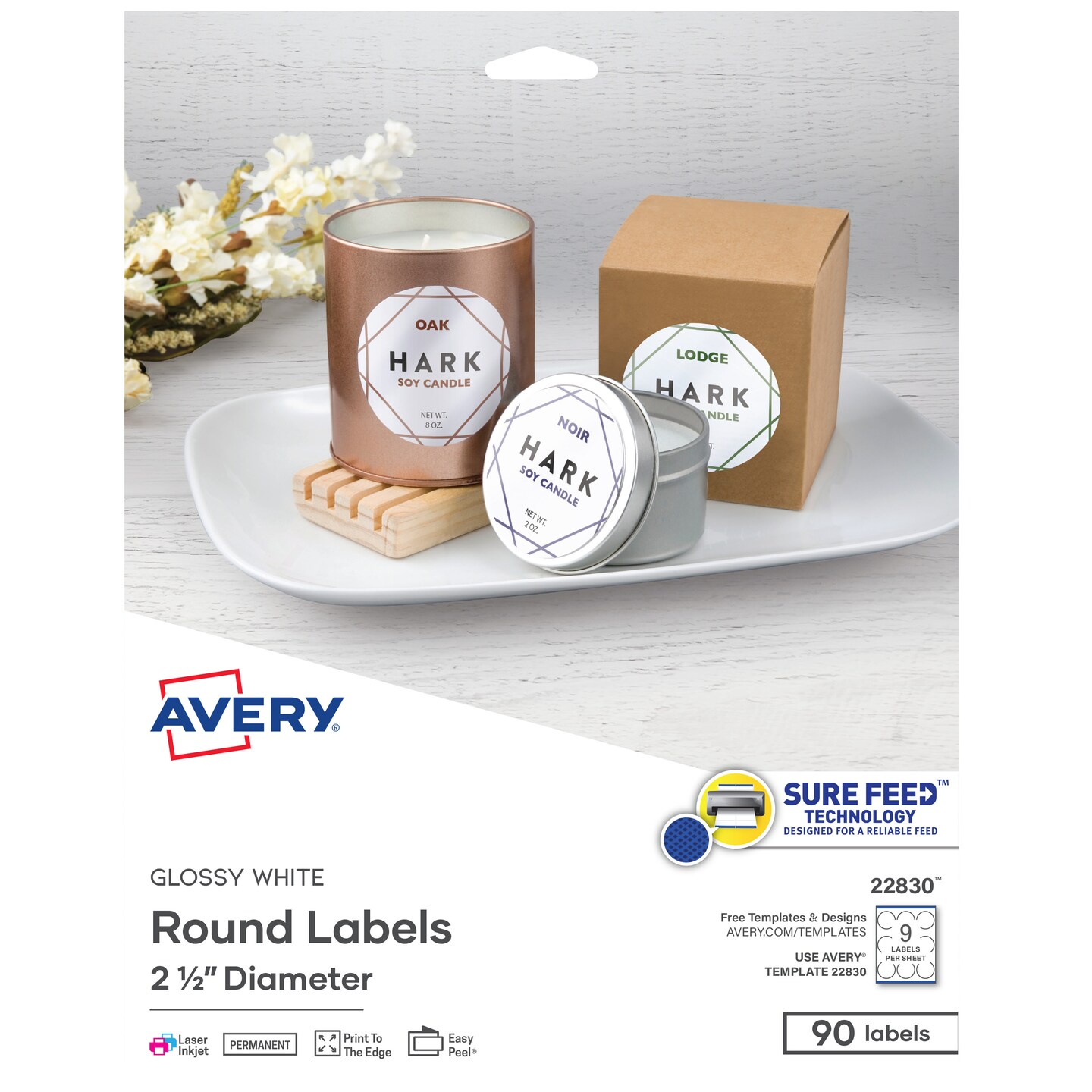 Avery Printable Round Labels with Sure Feed, 2.5" Diameter, Glossy White, 90 Customizable Labels (22830)