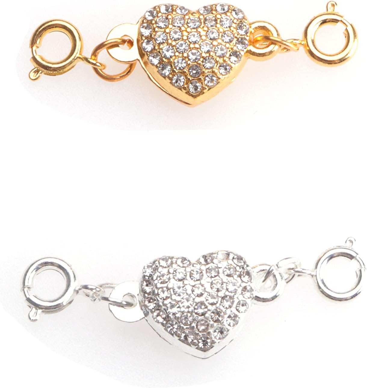 2 Pcs Locking Magnet Clasps Heart Shape Rhinestone Chain Extenders Closures Connector for Necklace Bracelet Women DIY Jewelry Making Supplies Accessories (Silver and Gold)