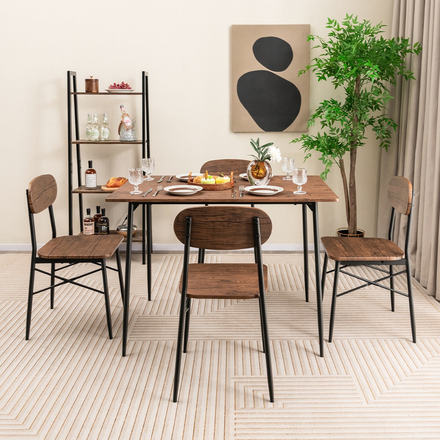 5 Piece Dining Table Set Rectangular With Backrest And Metal Legs For Breakfast Nook