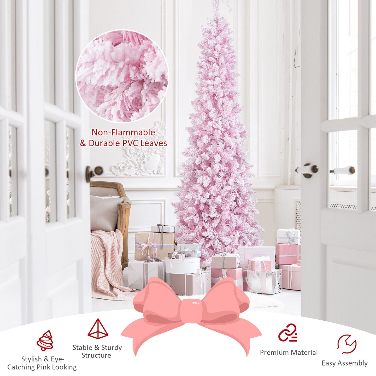7 Feet Pre-lit Snow Flocked Hinged Pencil Christmas Tree With 300 Lights and 8 Modes