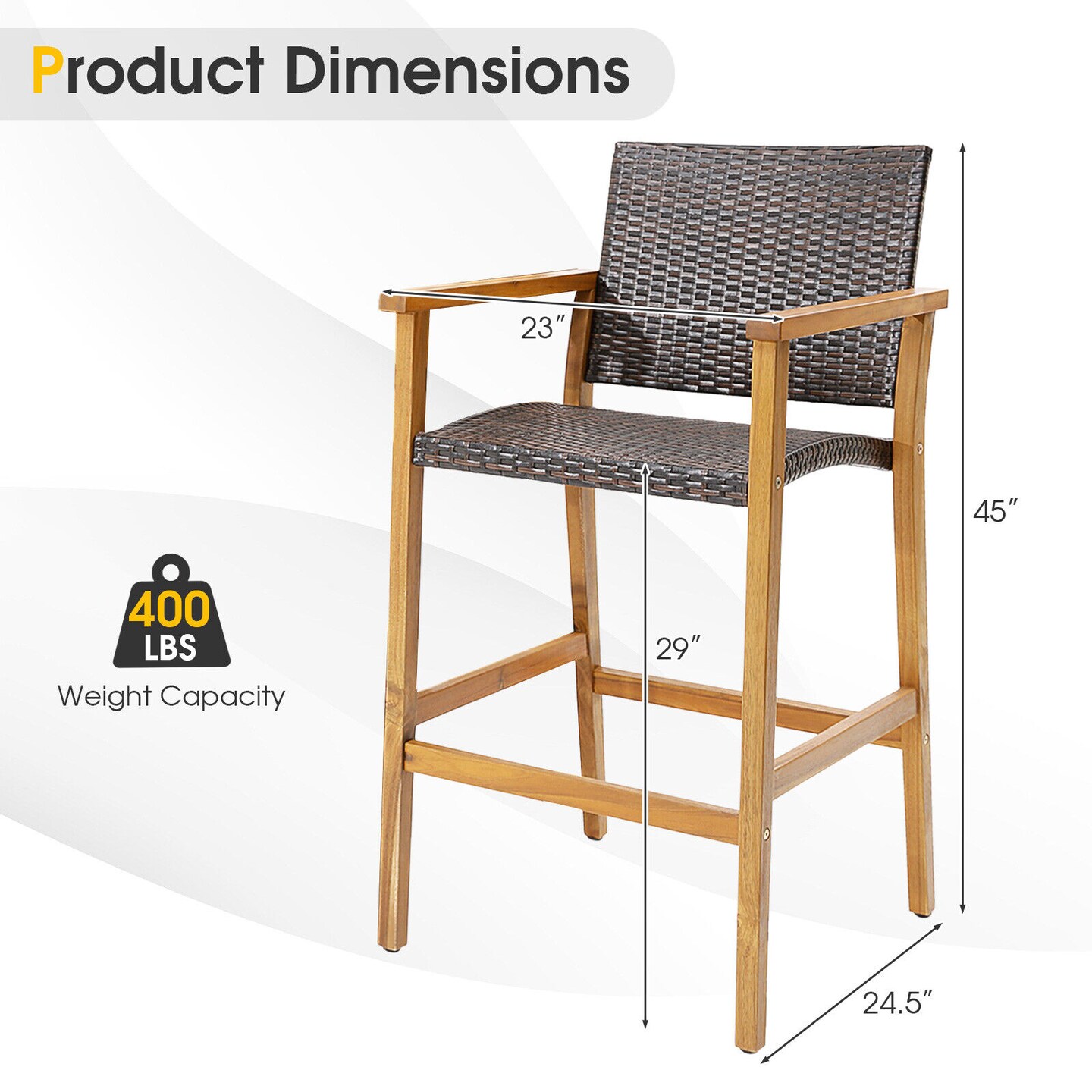 Set Of 2 Pe Wicker Patio Bar Chairs With Acacia Wood Armrests