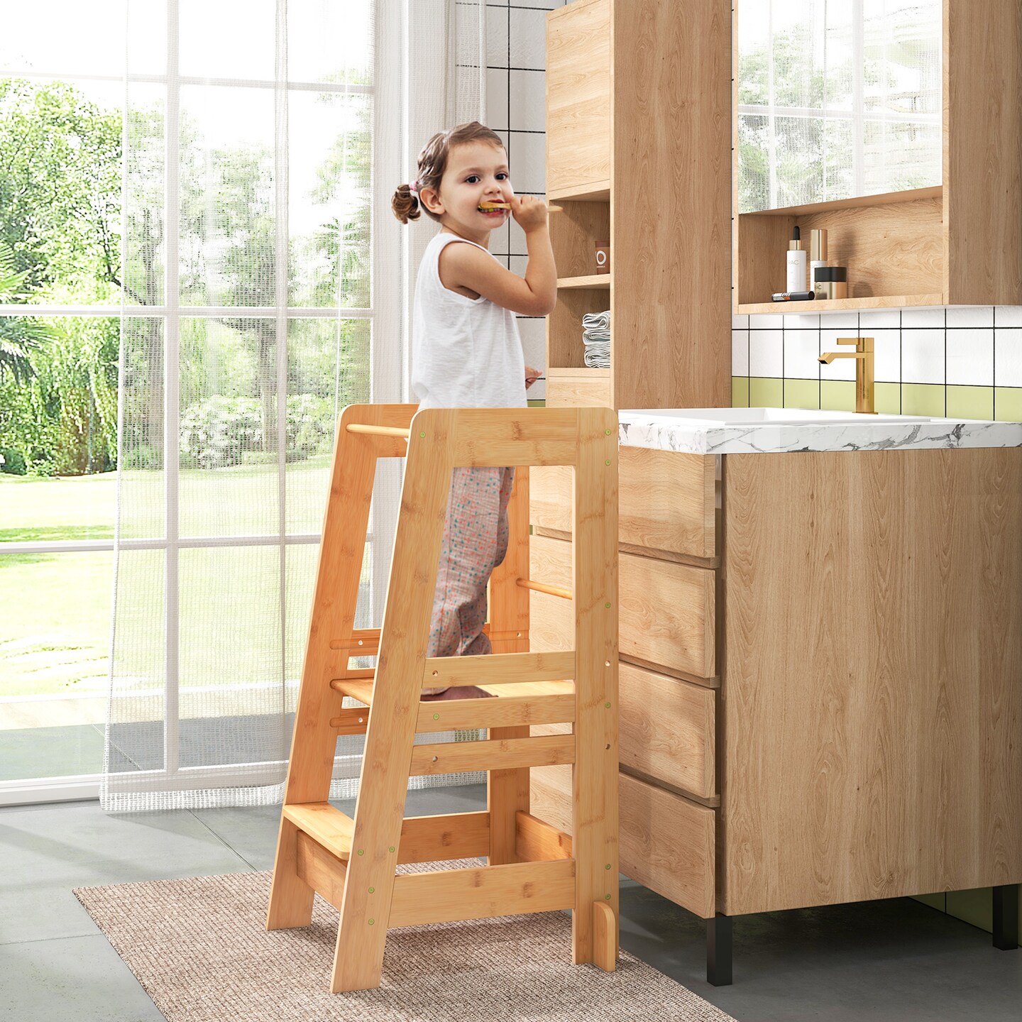 Wicker Toddlers Kitchen Step Stool With Height Adjustable Platform