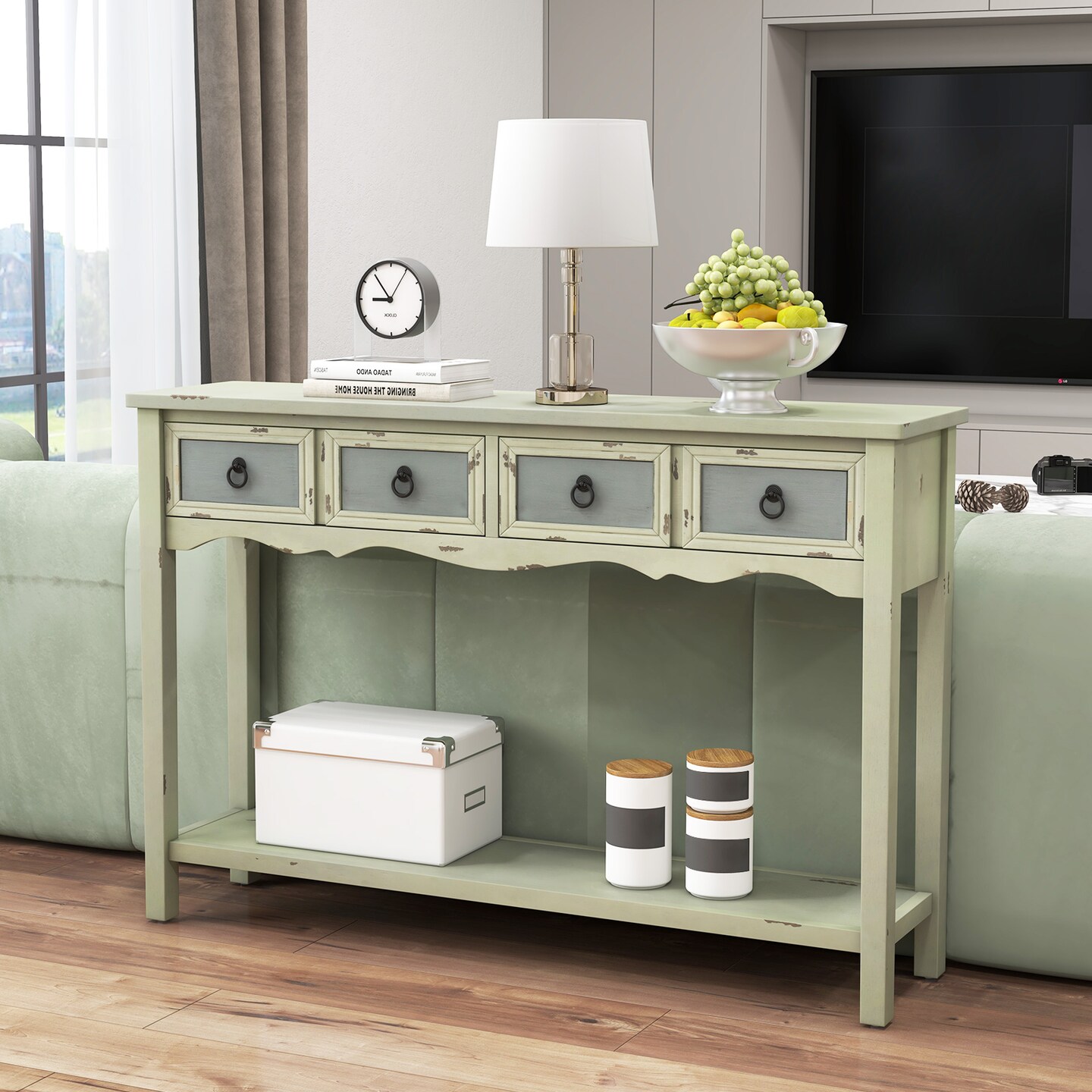 48 Inch Farmhouse Console Table With 2 Drawers And Open Storage Shelf For Hallway