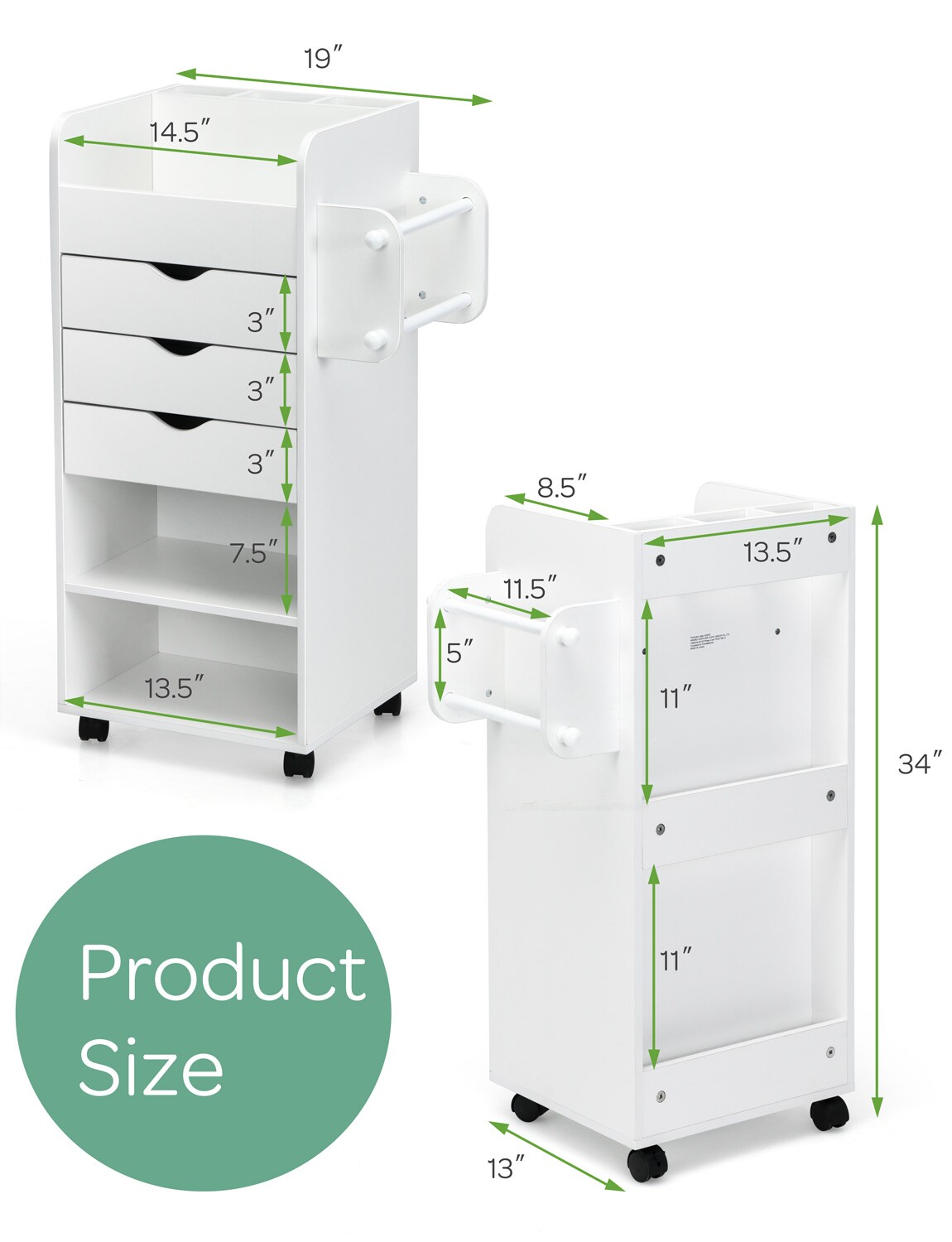 Wooden Utility Rolling Craft Storage Cart With Lockable Casters-white
