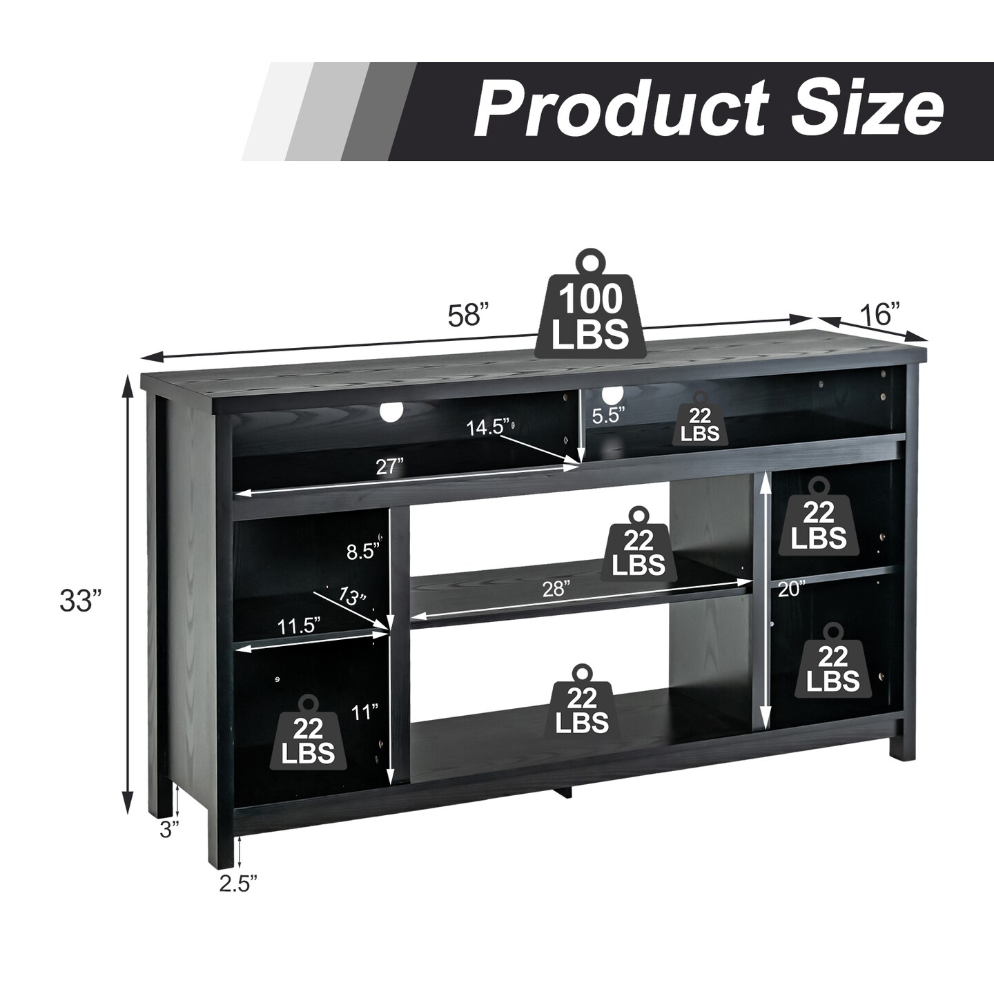 58 Inch Tv Stand Entertainment Console Center With Adjustable Open Shelves-black