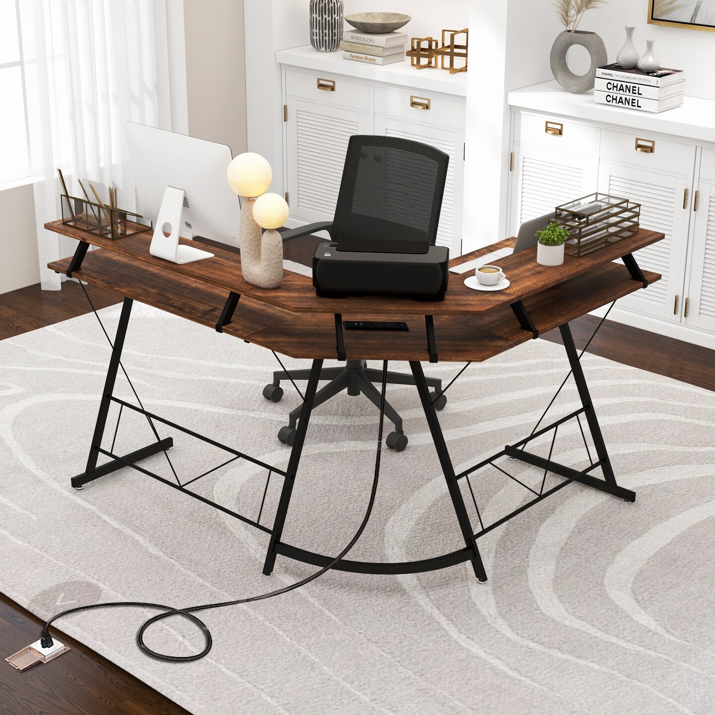 L-shaped Computer Desk With Power Outlet And Monitor Stand
