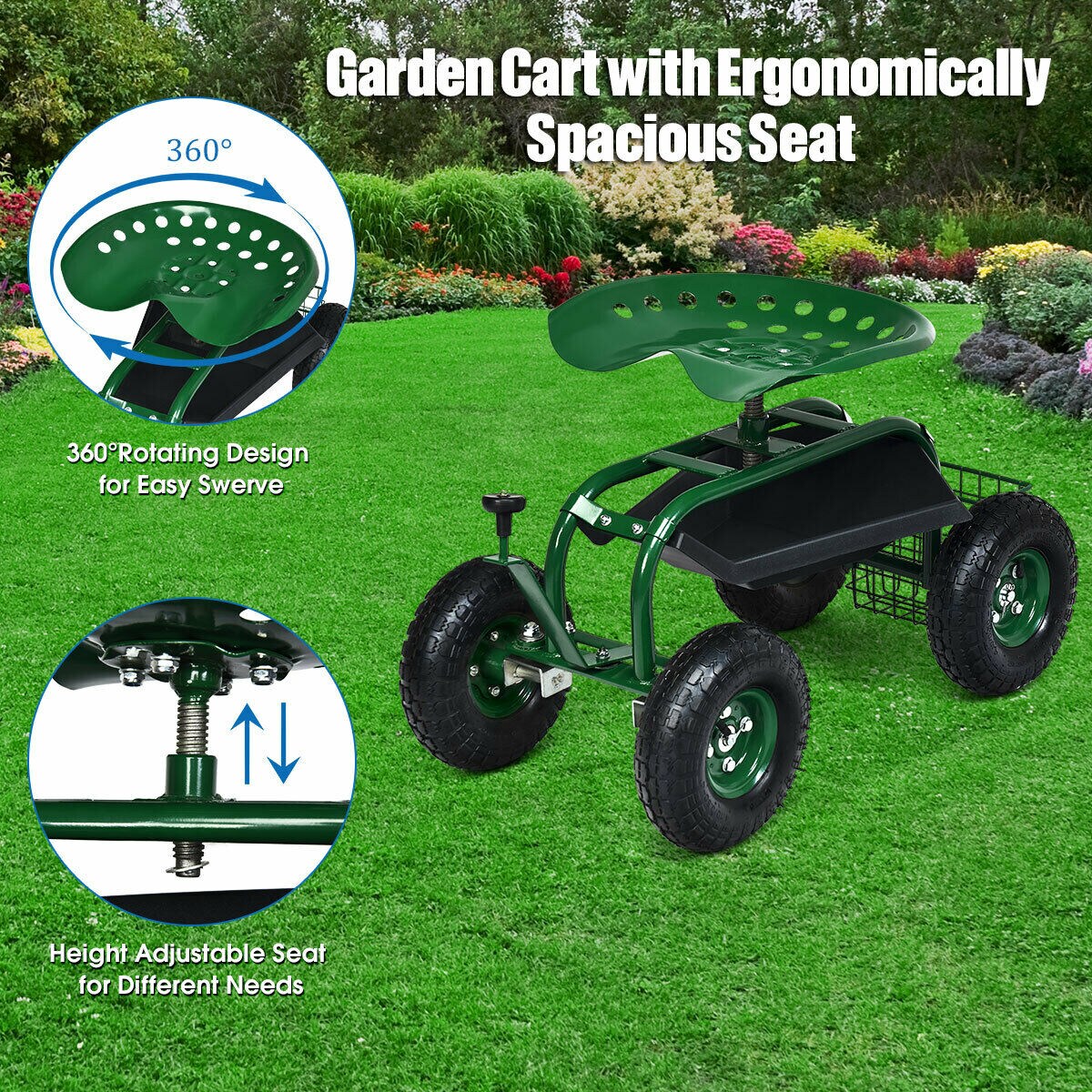 4-wheel Rolling Garden Cart Work Seat