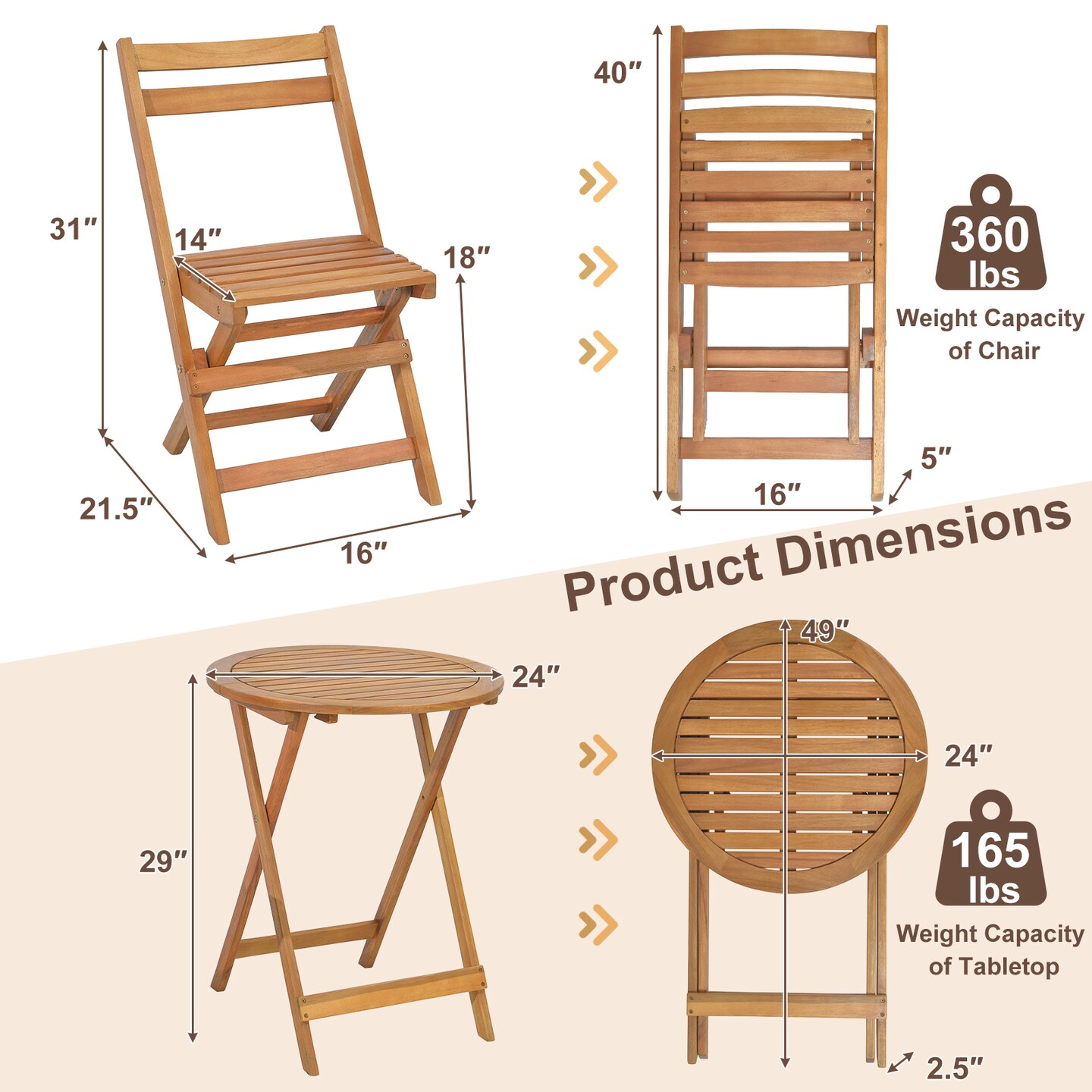 3 Pieces Folding Patio Bistro Set With Slatted Tabletop