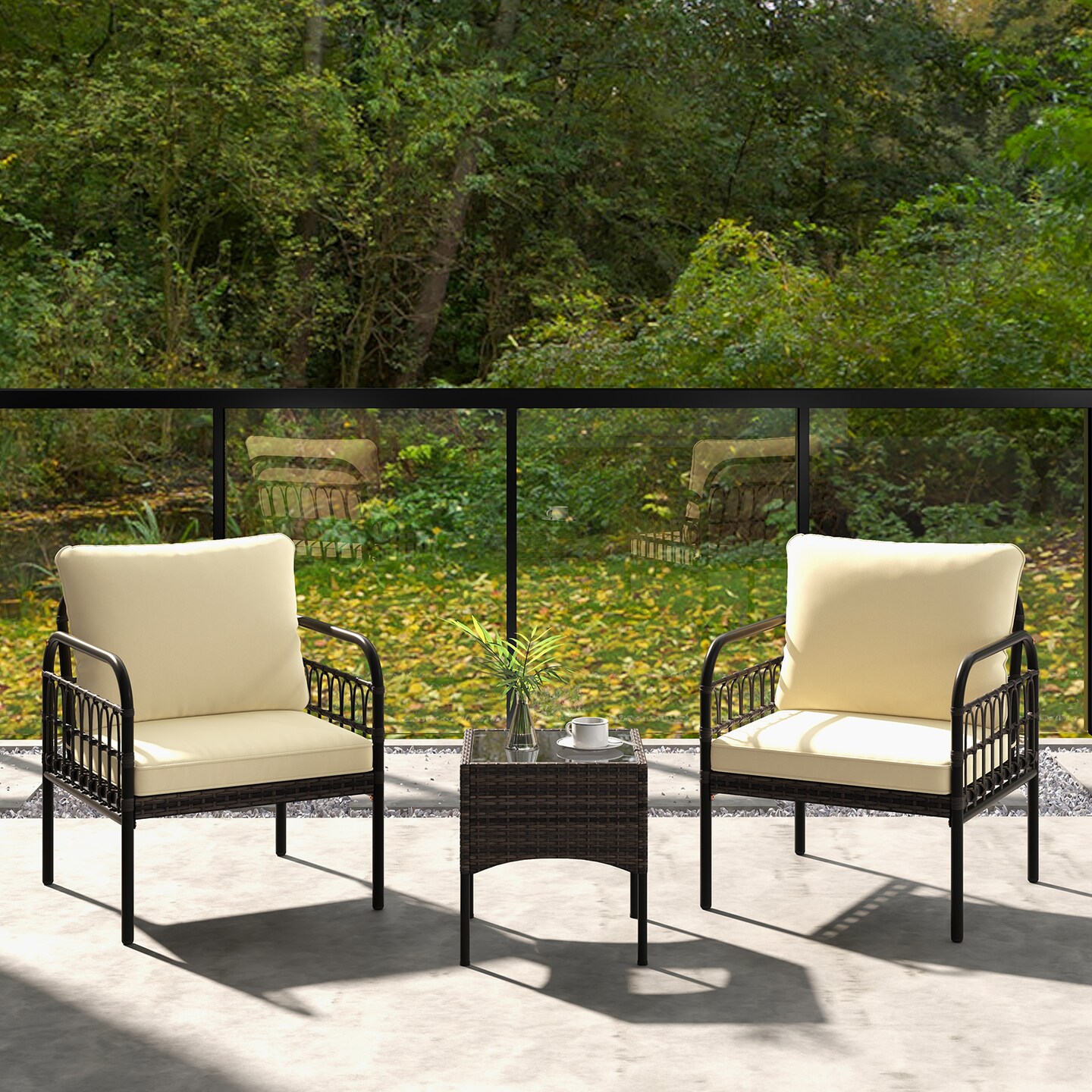 3 Pieces Patio Wicker Conversation Set With Cushions And Tempered Glass Coffee Table-Beige