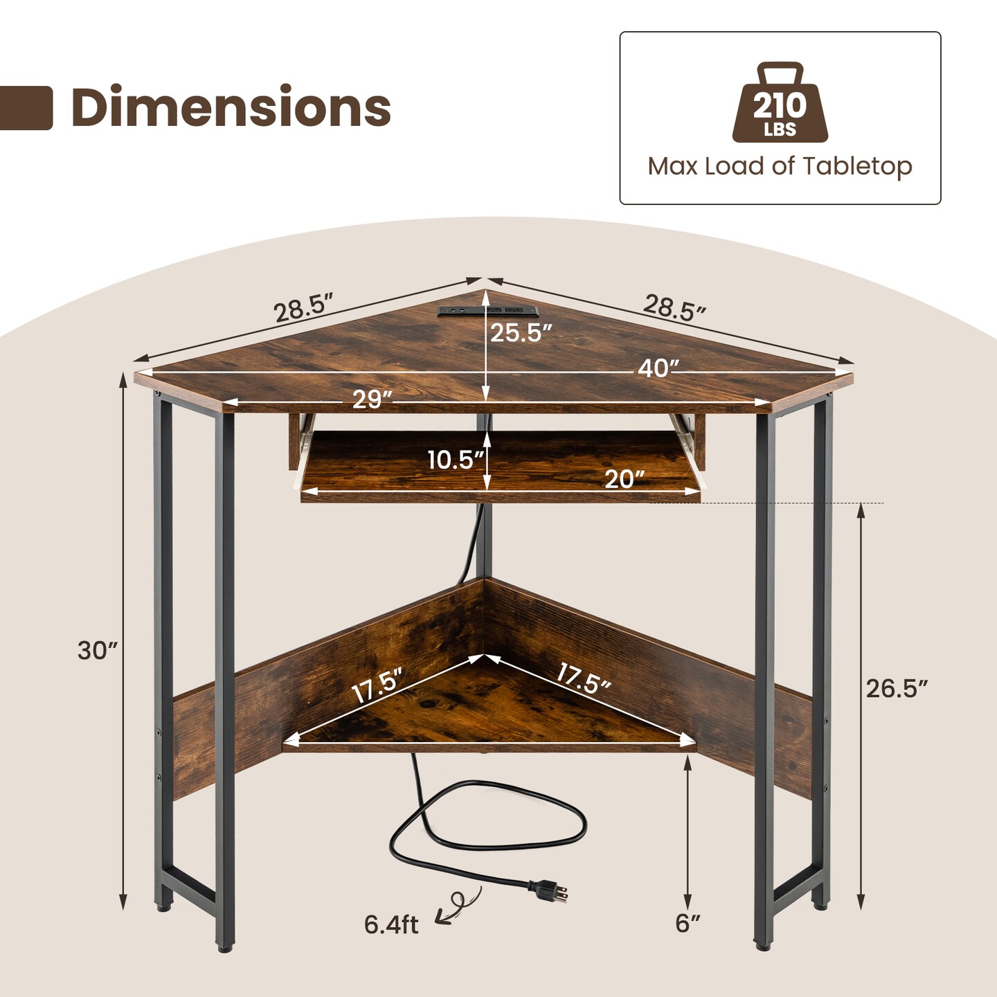 Triangle Corner Desk With Charging Station Keyboard Tray And Storage Shelf-rustic Brown