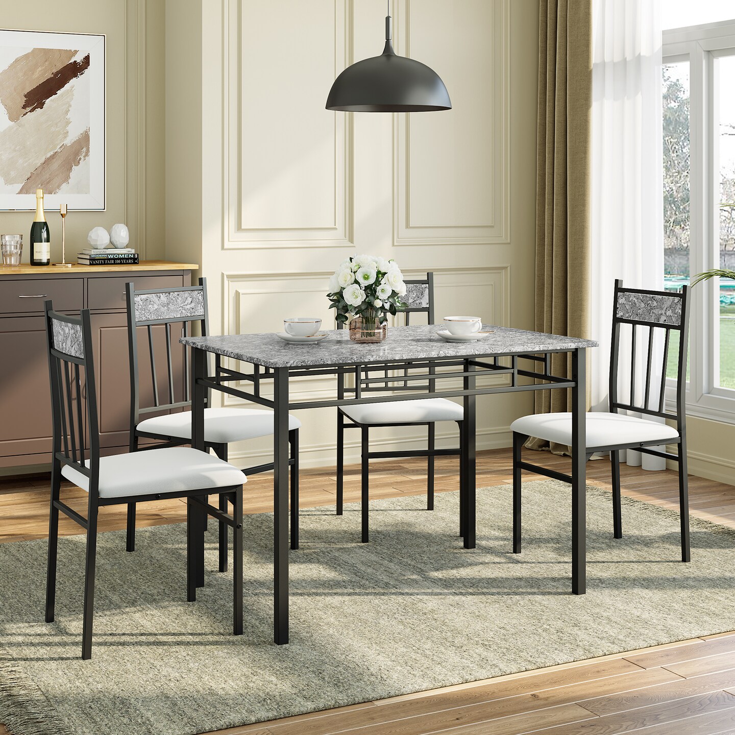5 Pieces Faux Marble Dining Set Table with Solid Steel Frame