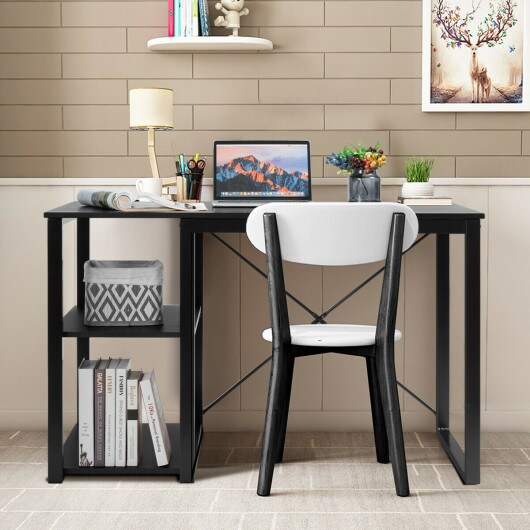 Computer Desk with Wicker Top &#x26; 2 Storage Shelves-Black Desk