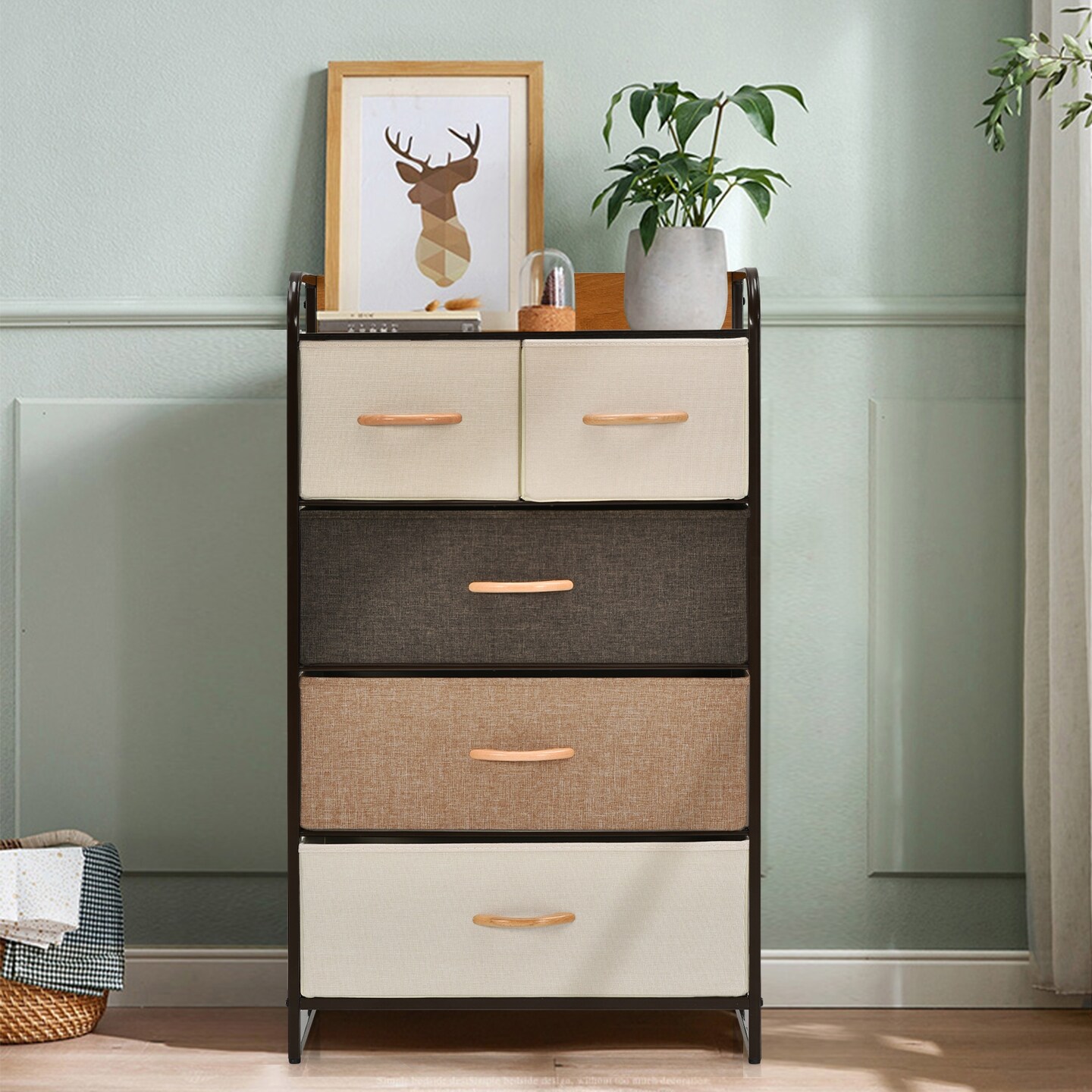 4-tier Organizer Tower Steel Frame Wooden Top Storage With 5-drawer Dresser