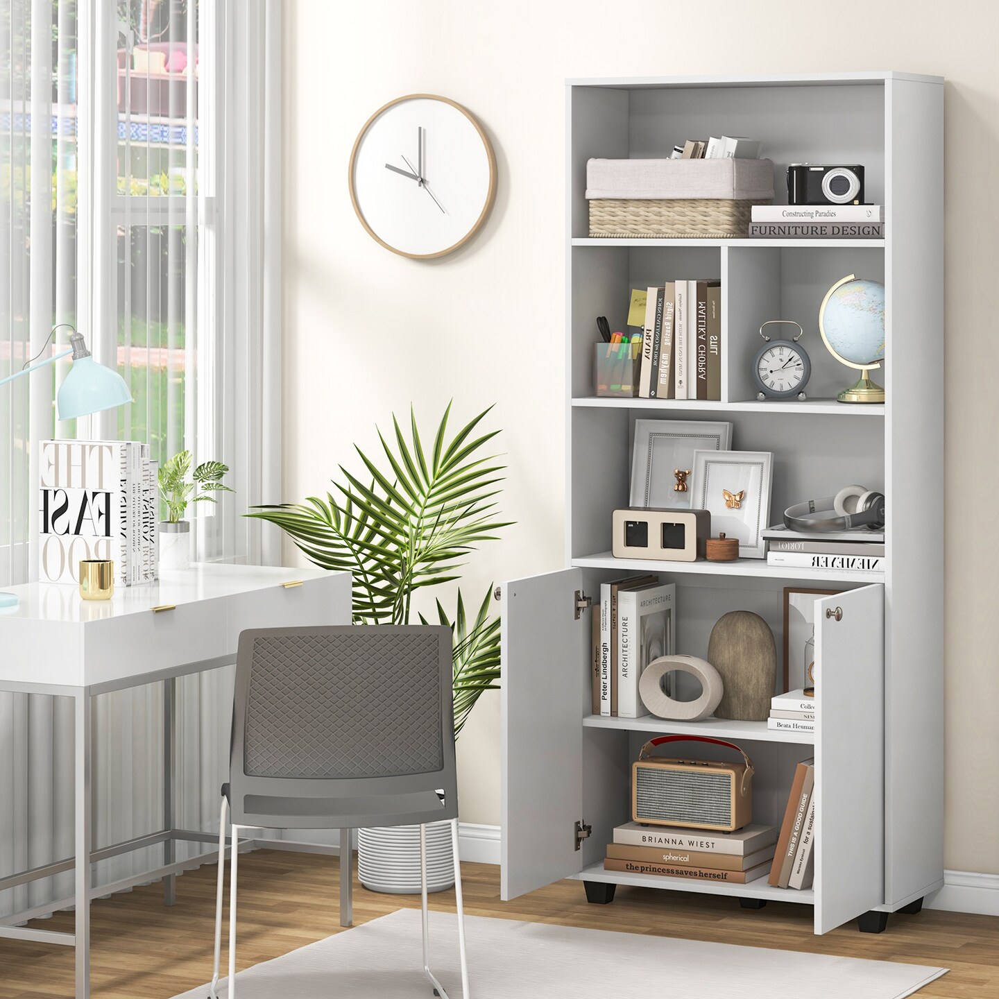 66 Inch Tall Double-door Bookcase With Adjustable Shelf And Storage Cubes-white