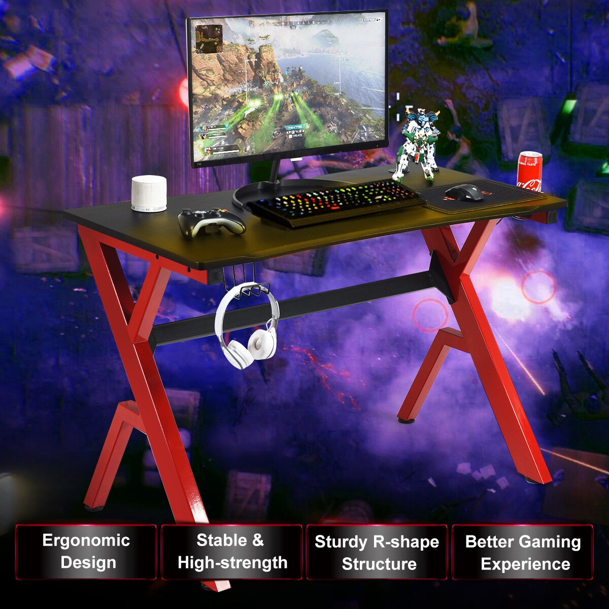 Costway Gaming Desk Computer Desk w/Controller Headphone storage Mouse Pad & Cup Holder