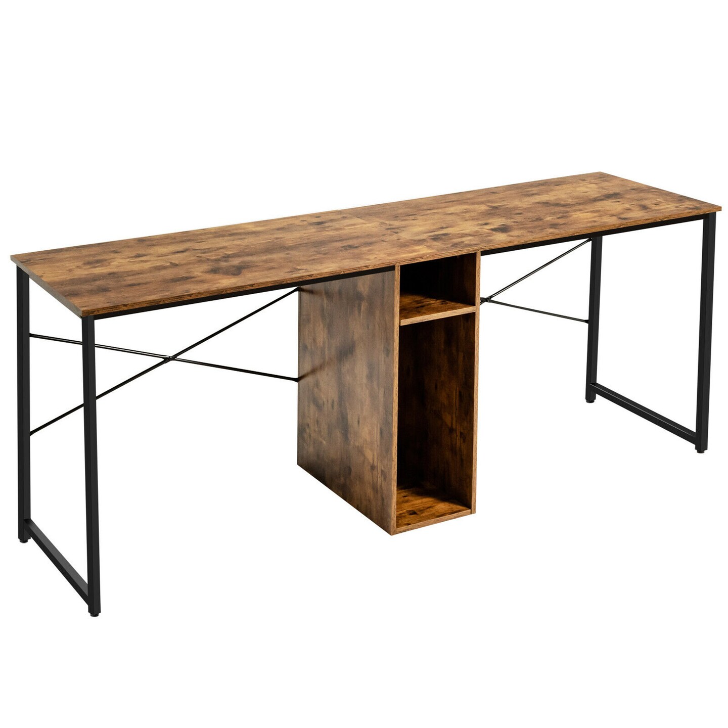 Costway 2 Person Computer Desk Double Workstation Office Desk w/ Storage Rustic Brown Black/Brown