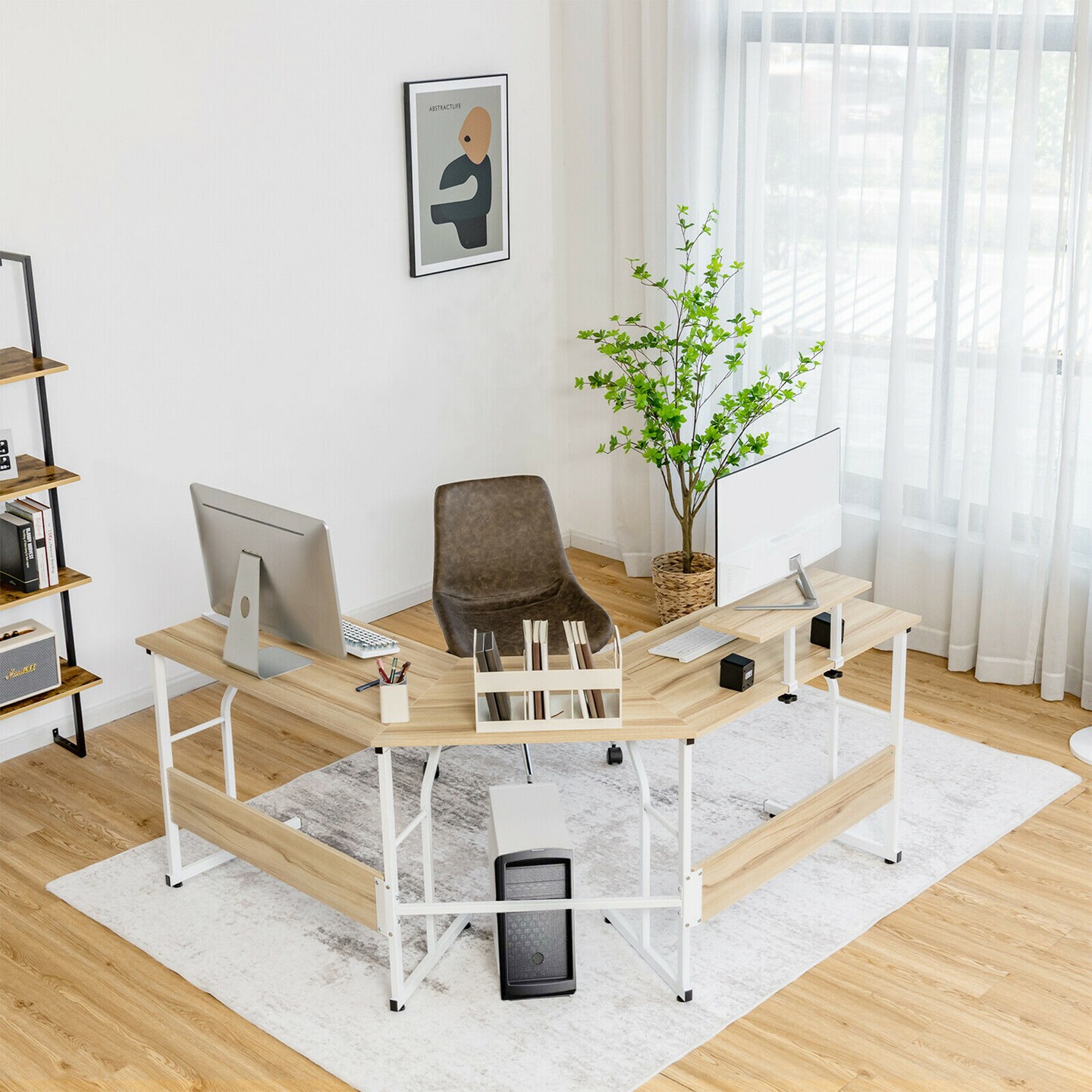 Costway 88.5'' L Shaped Reversible Computer Desk 2 Person Long Table Monitor Stand