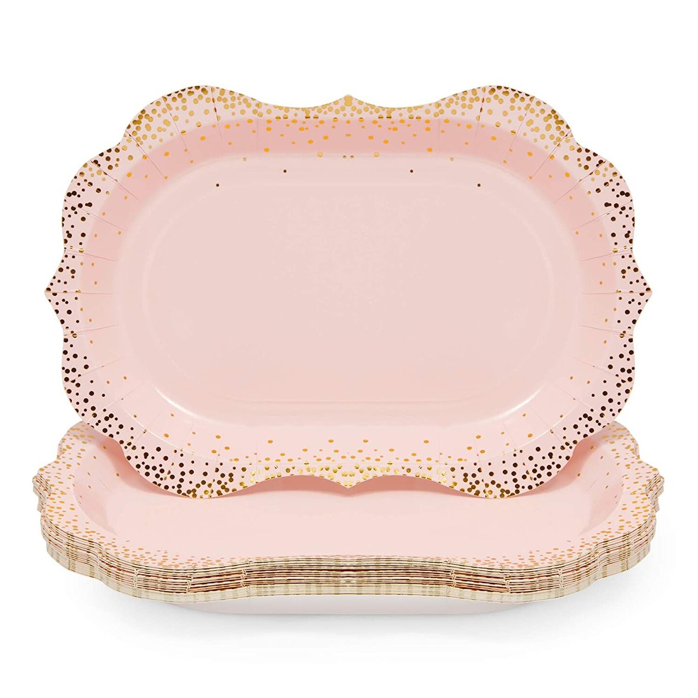 24 Pack Pink Disposable Serving Trays, Gold Foil Polka Dotted Party Platters (9 x 13 In)