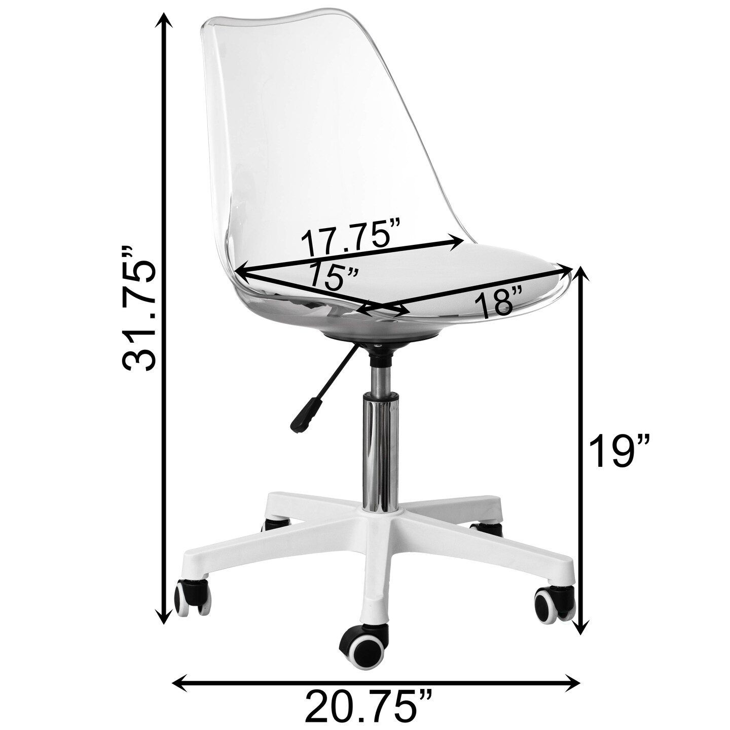 Clear Acrylic Desk Chair - Armless Office Chair, Height Adjustable, Rolling Chair - Modern Ghost Chair, Perfect for Home Office or Vanity with Swivel Function