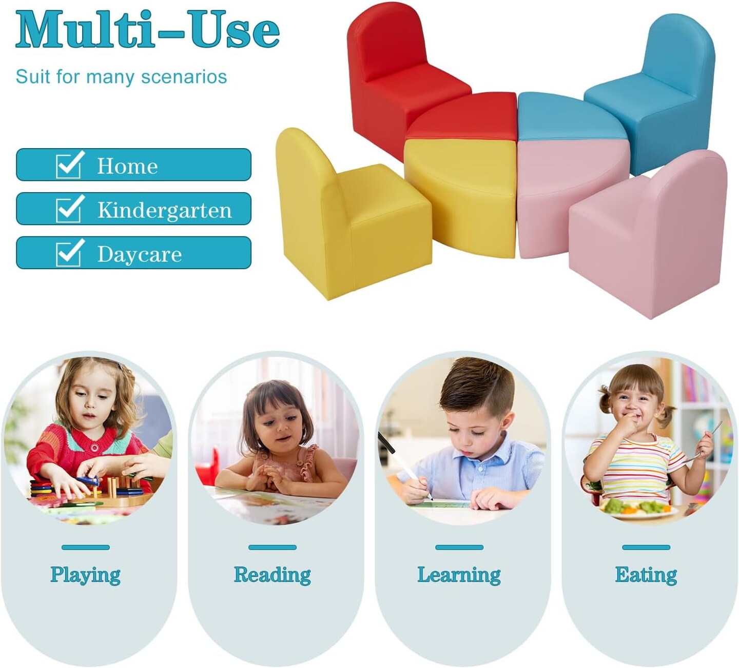 Toddler Couch Daycare Furniture - 8 Pieces Seating Set for Daycare Kids Playroom Furniture, Children Chairs Sofas Colorful Flexible Seating for Home Preschool Playroom