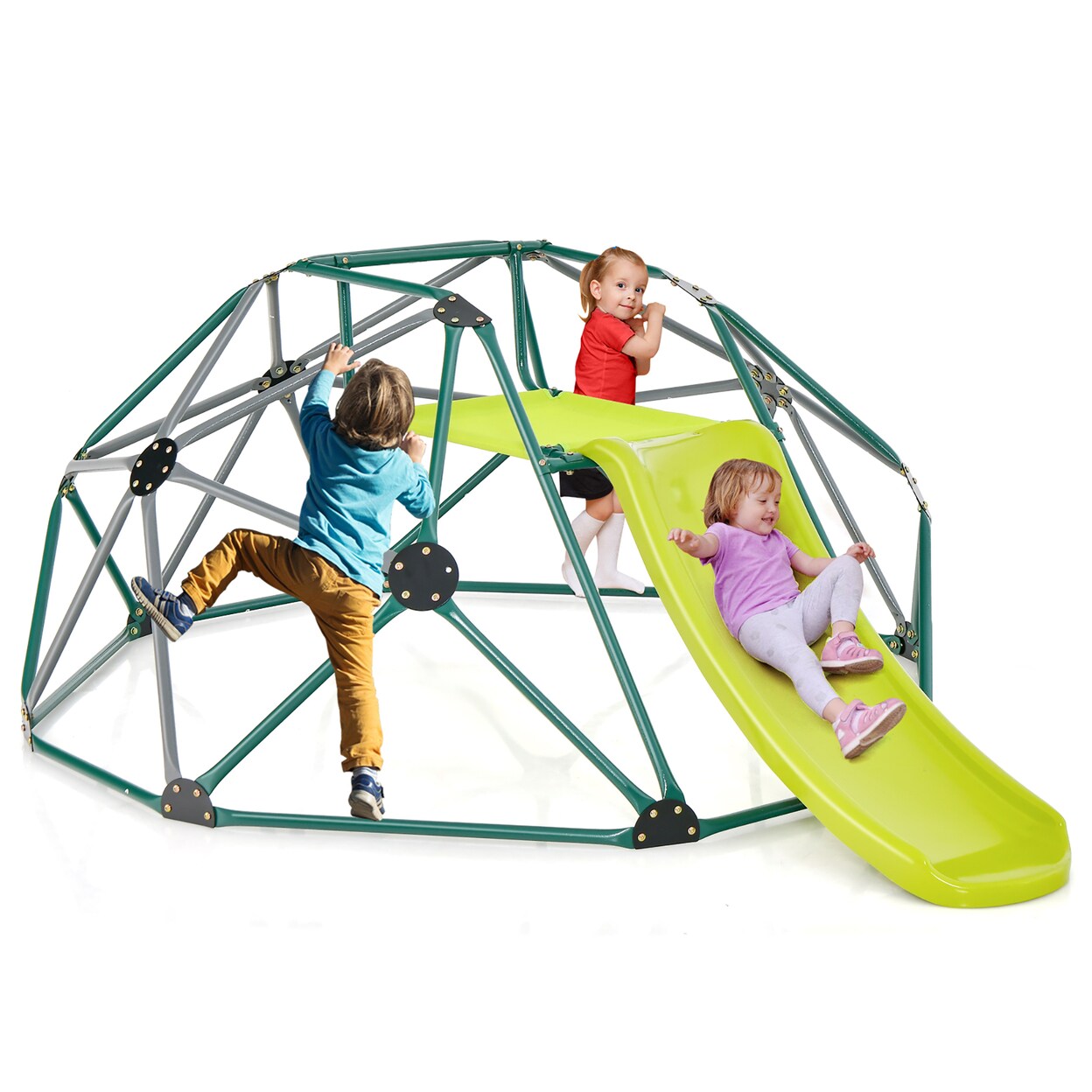 8Ft Climbing Dome W/ Slide Outdoor Kids Jungle Gym Dome Climber Green And Gray