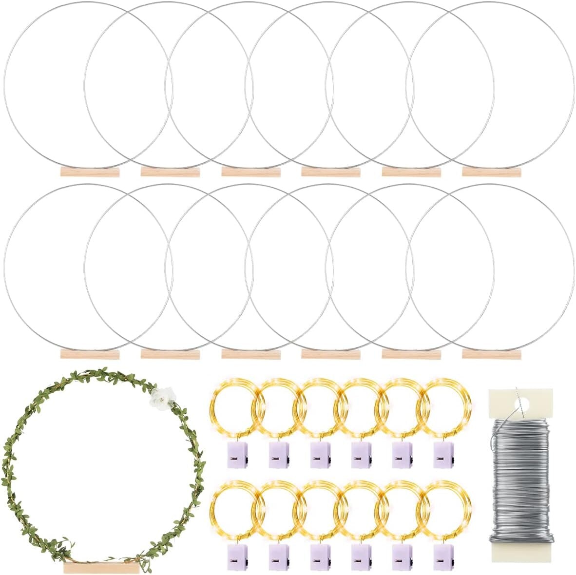 12 Pack Floral Hoop with Stand and LED Fairy Lights 14 Inch Metal Rings for DIY Centerpiece Table Decorations Crafts Macrame Rings Hoop Wreath Dream Catcher Rings Wedding Christmas Wreaths, Silver