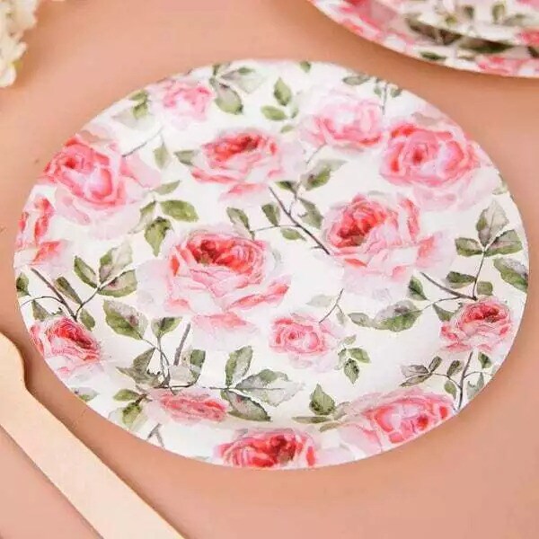 25 WHITE 7&#x22; Round Paper Plates with PINK Rose Flowers Design