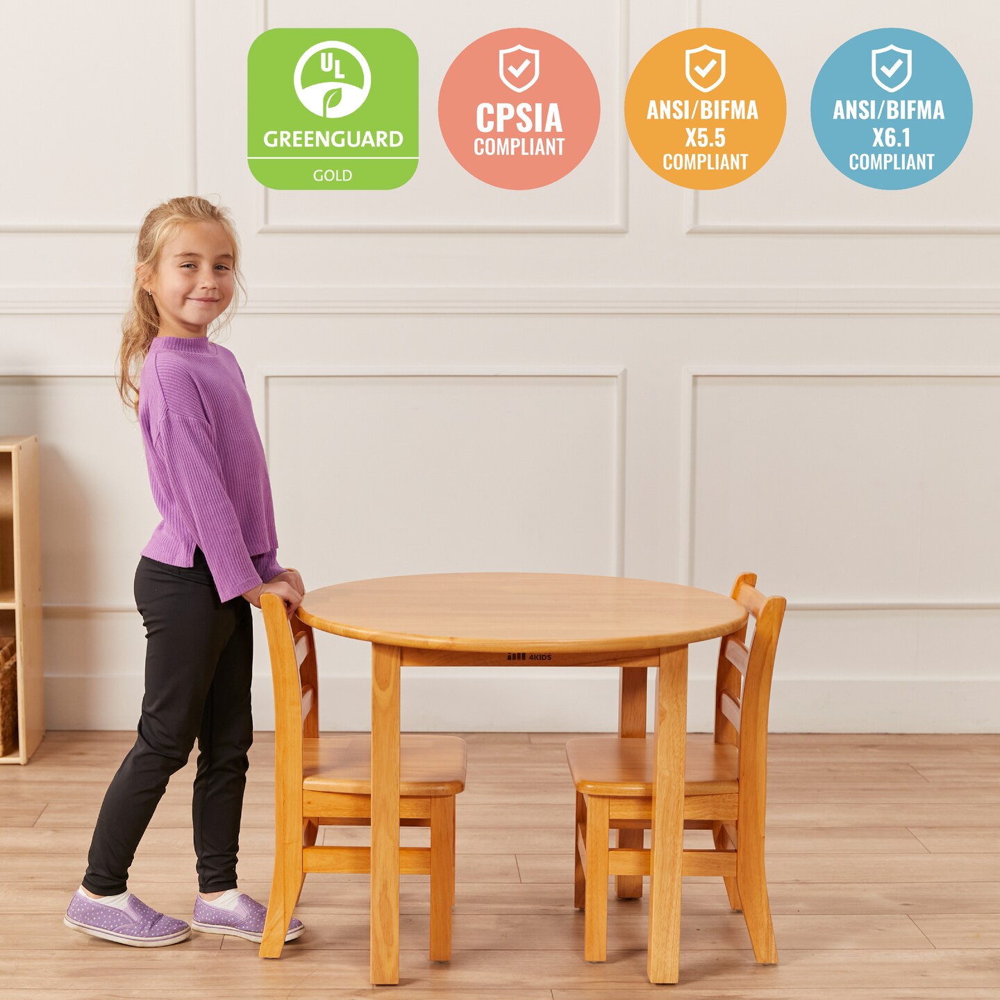 30in D Round Hardwood Table and Chair Set, 12in Seat Height, Kids Furniture