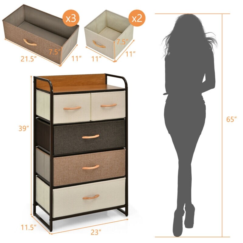 4-tier Organizer Tower Steel Frame Wooden Top Storage With 5-drawer Dresser