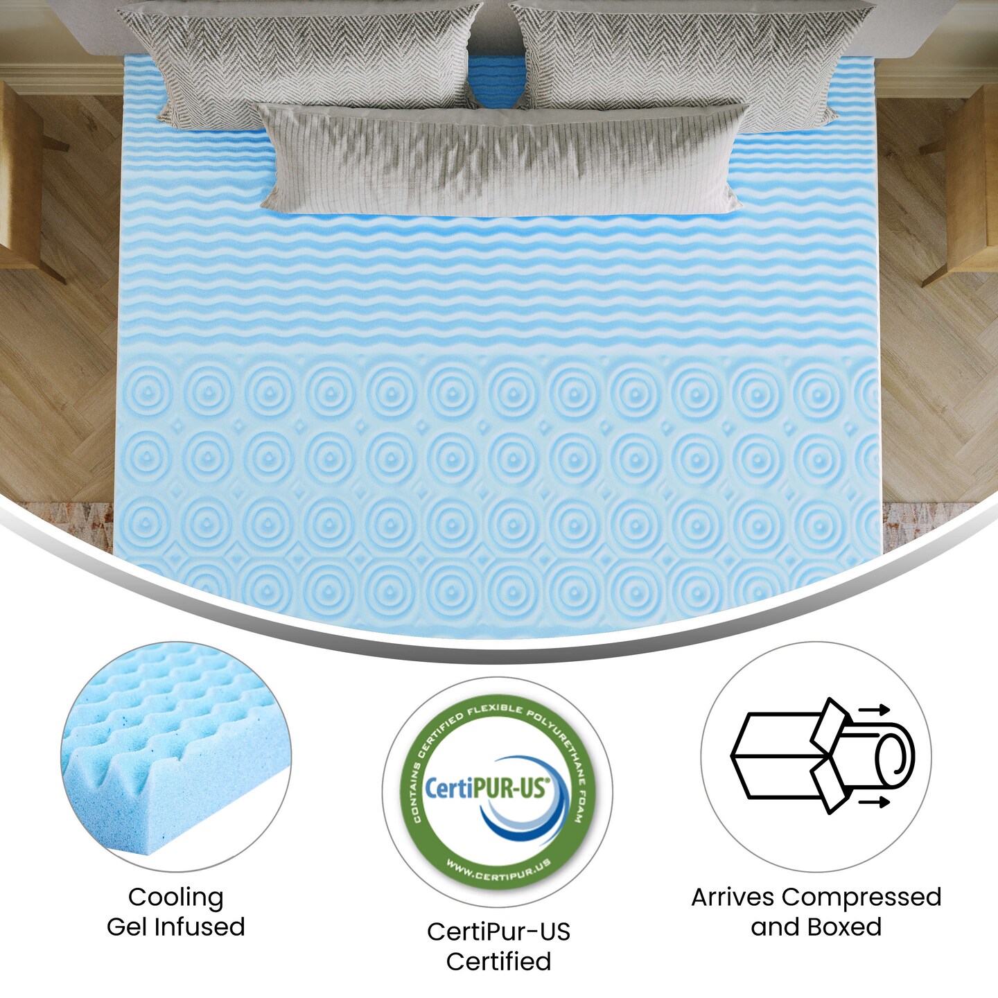 Emma and Oliver Astor Memory Foam Mattress Topper with Cooling Gel Infused, CertiPUR-US Certified Foam and 5-Zone Support