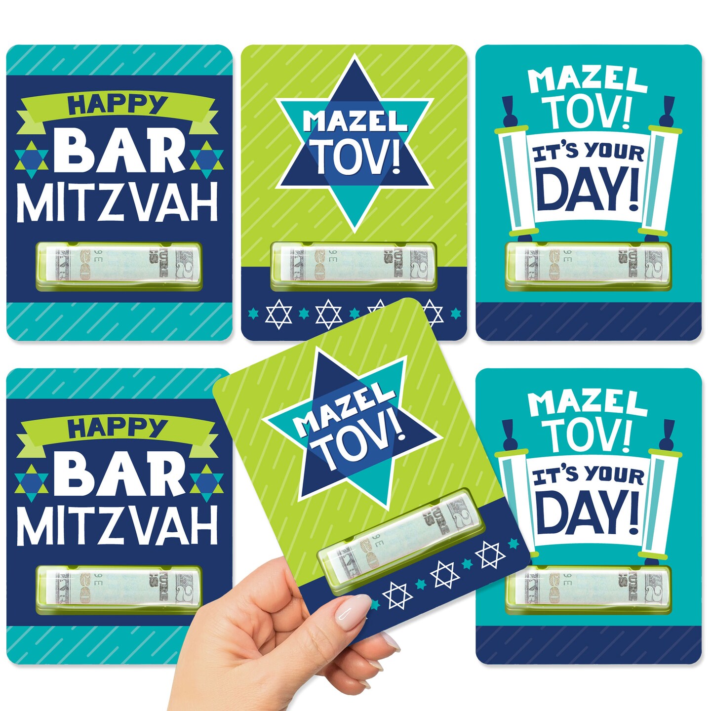 Big Dot of Happiness Blue Bar Mitzvah - DIY Assorted Boy Cash Holder Gift - Funny Money Cards - Set of 6