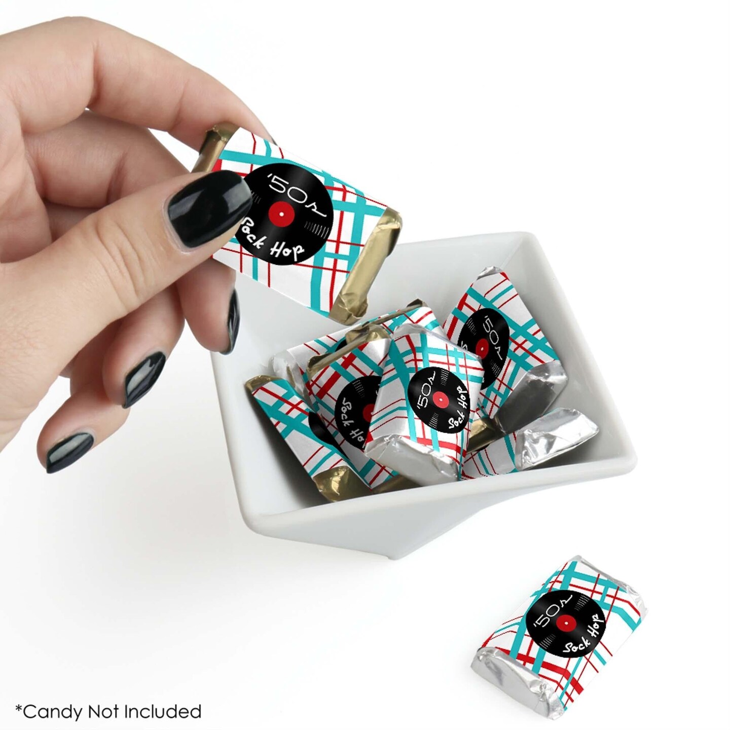 Big Dot of Happiness 50&#x27;s Sock Hop - Mini Candy Bar Wrapper Stickers - 1950s Rock N Roll Party Small Favors - 40 Count