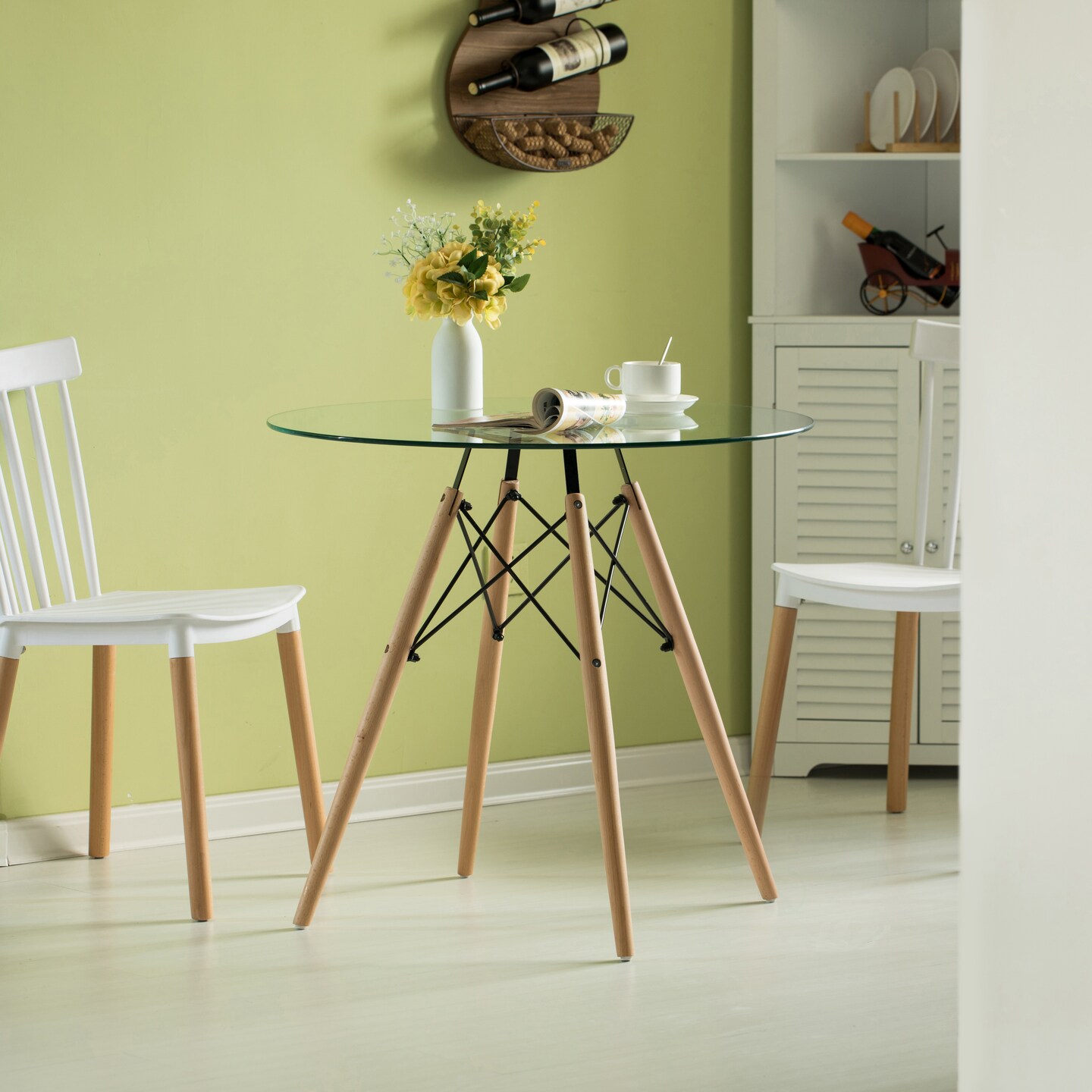 Round Clear Glass Top Accent Dining Table with 4 Beech Solid Wood Legs | Modern Space Saving Small Leisure Circle Desk 31.5" Dia x 29.25" H for Kitchen Dining Room, Living Room