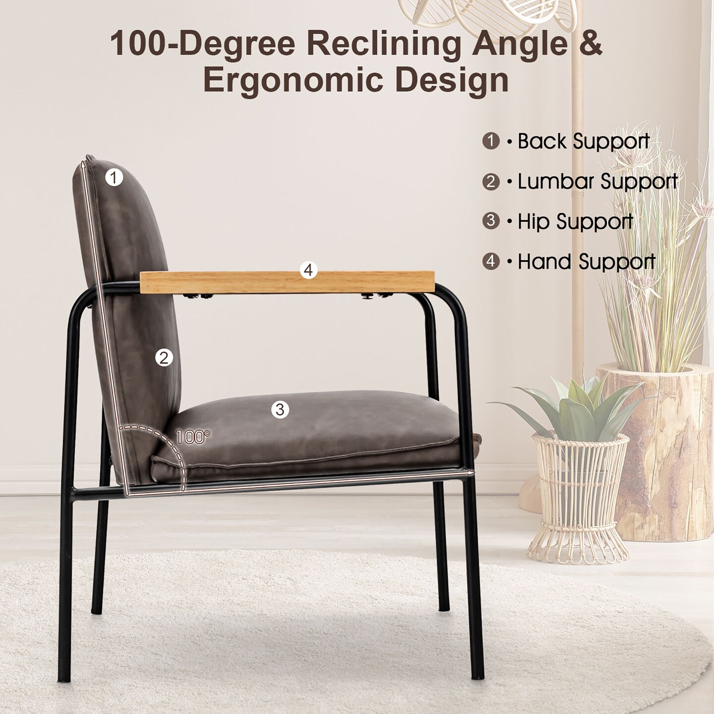 Costway Modern Accent Chair Arm Chair PU Leather W/Rubber Wood Armrest for Living Room