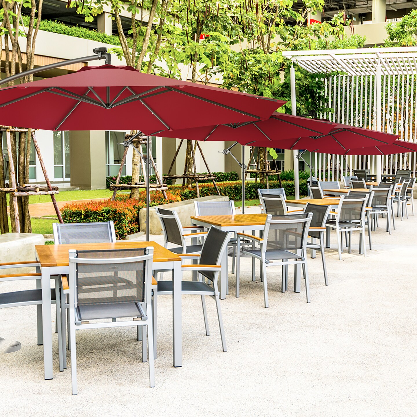 Costway 10' Hanging Solar LED Umbrella Patio Sun Shade Offset Market W/Base Burgundy