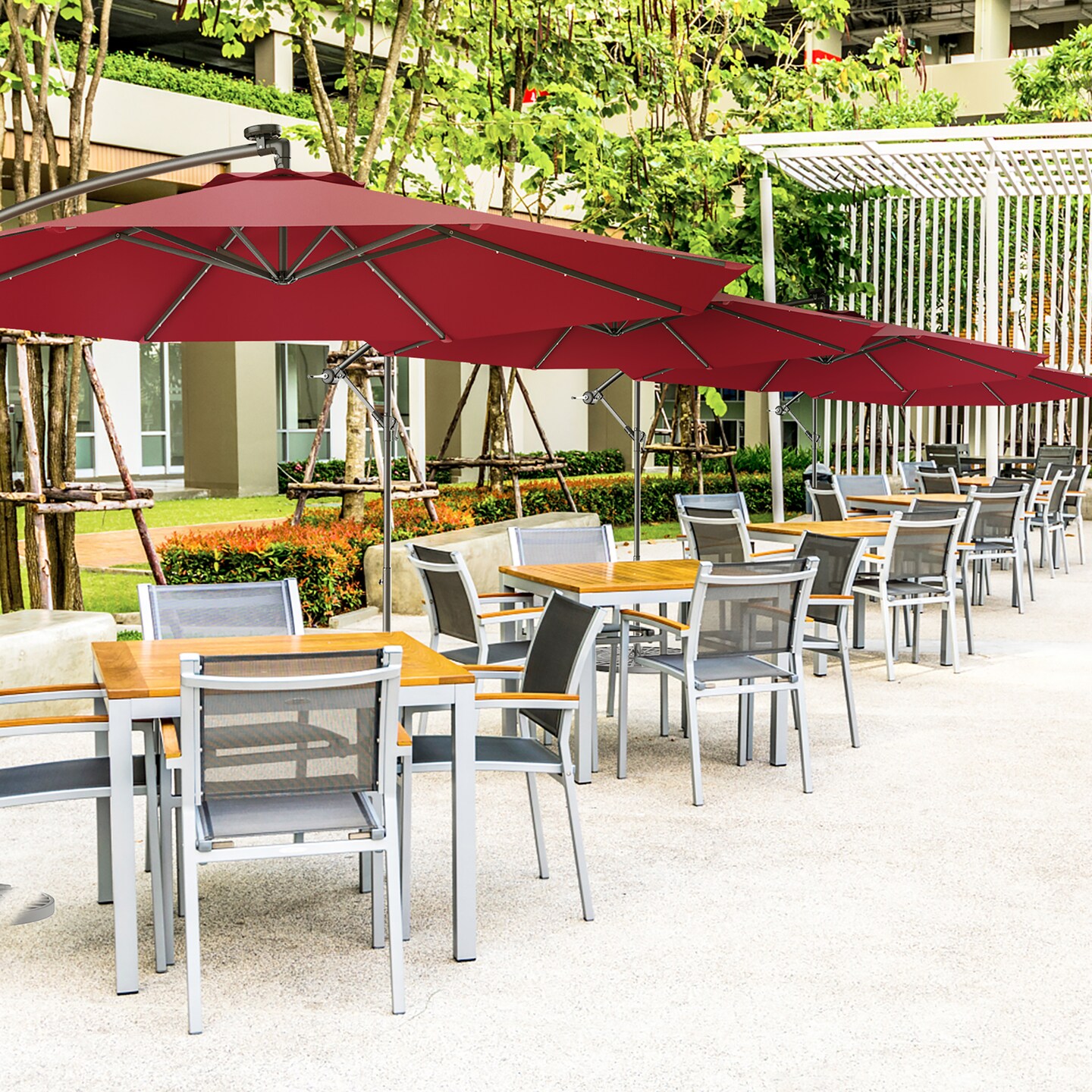 Costway 10&#x27; Hanging Solar LED Umbrella Patio Sun Shade Offset Market W/Base Burgundy