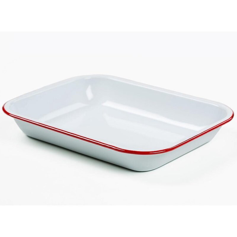 Enamelware Roasting Dish Bakeware, 13 x 11 inch, White with Red Trim