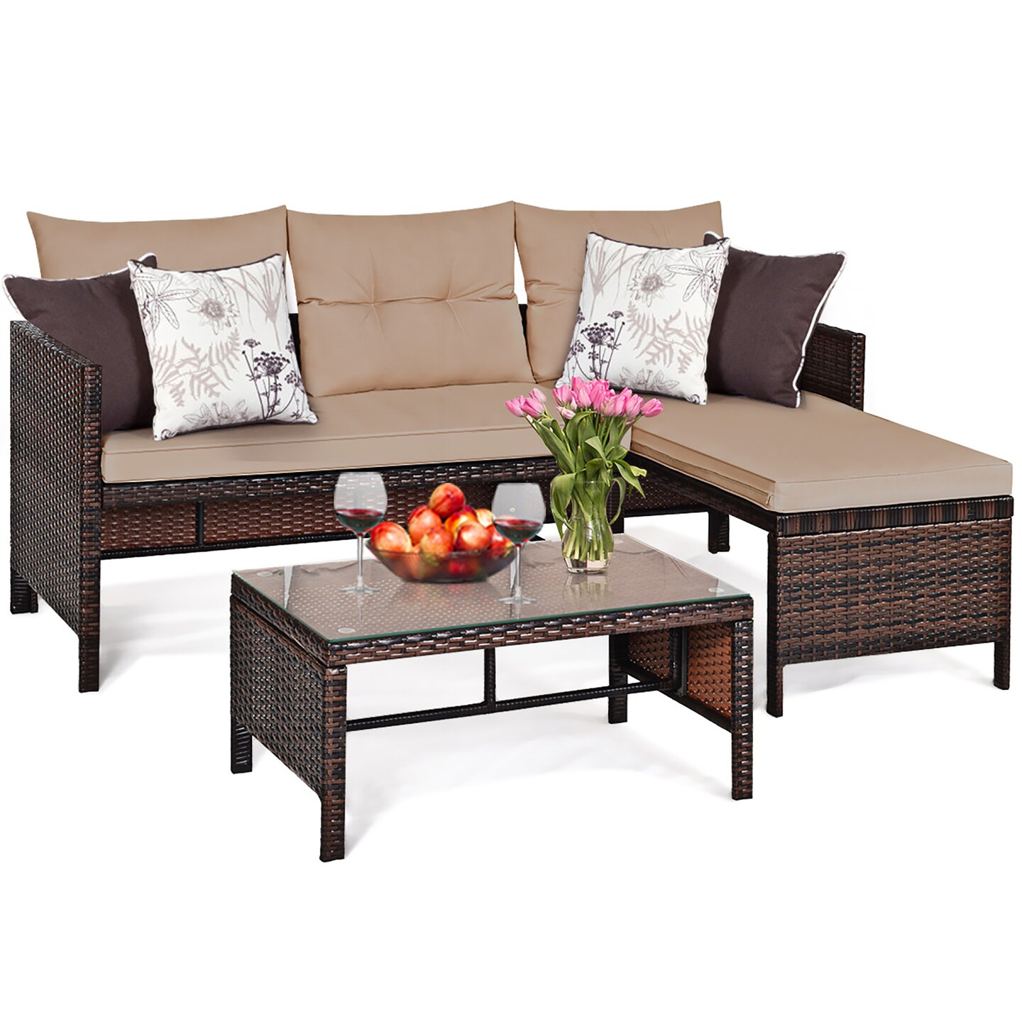 Costway 3PCS Patio Wicker Rattan Sofa Set Outdoor Sectional Conversation Set