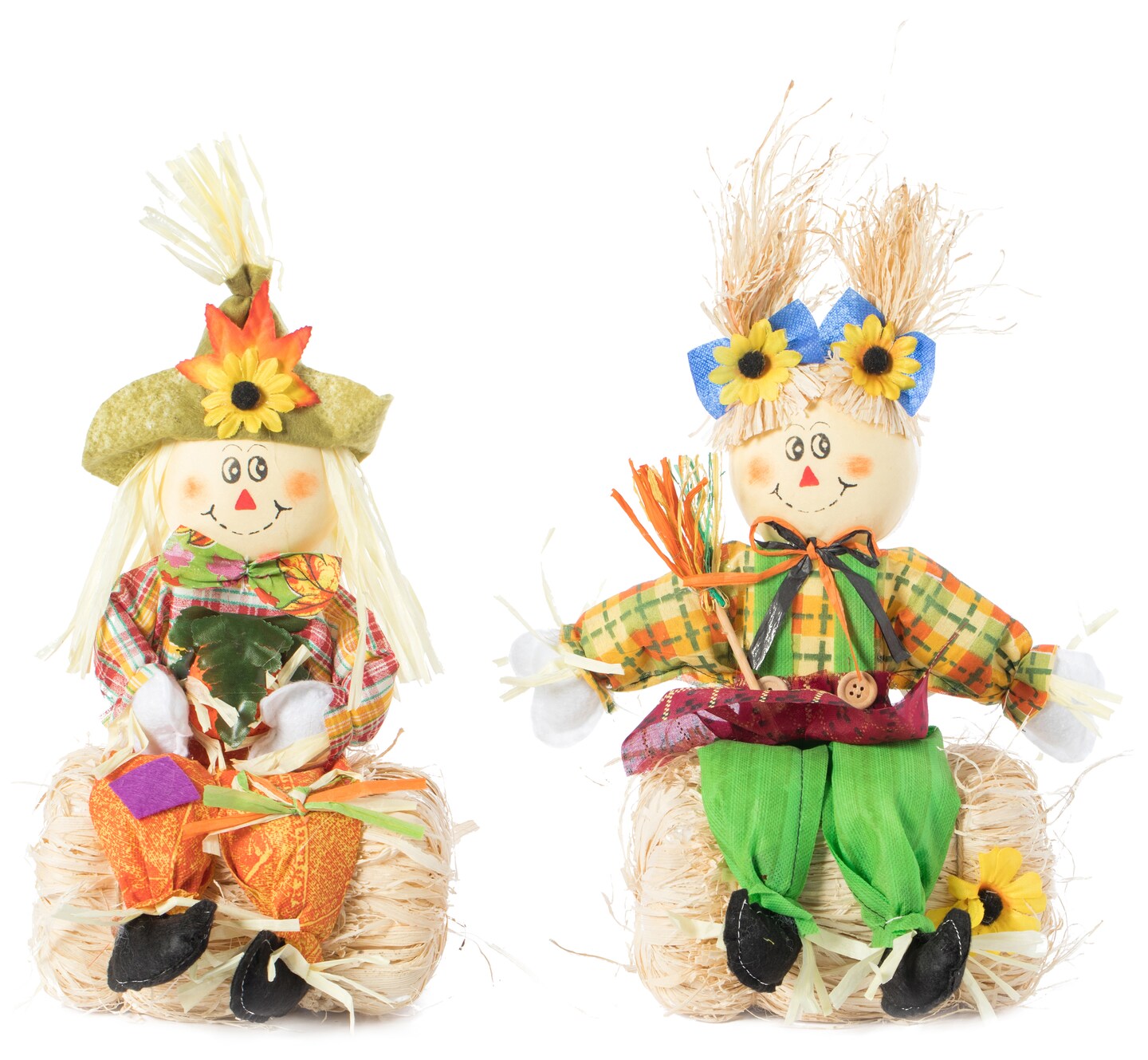 Gardenised 13 Inch Boy and Girl Duo Scarecrow Elegantly Seated on a Rustic Hay Bales - Enjoy the Magic they Bring and Let your Garden Blossom with their Captivating Presence