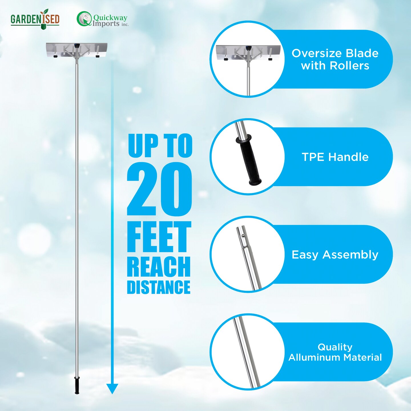 Quickway Imports Snow Rake Shovel | Aluminum Snow &#x26; Leaf Removal Tool &#x26; Pusher Scraper for House Roof &#x26; Car with 26&#x201D; Rolling Blade, Lightweight 5-21&#x2019; Telescoping Extendable Handle &#x26; Nonslip Grip