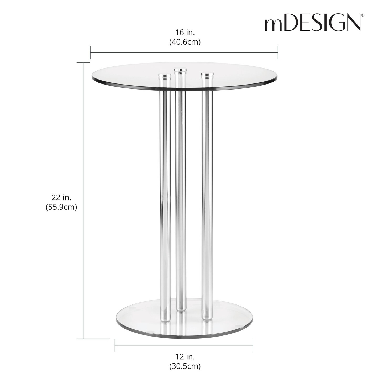 mDesign Metal and Glass Top 16&#x22; Round Accent Side/End Drink Table - Clear/Chrome