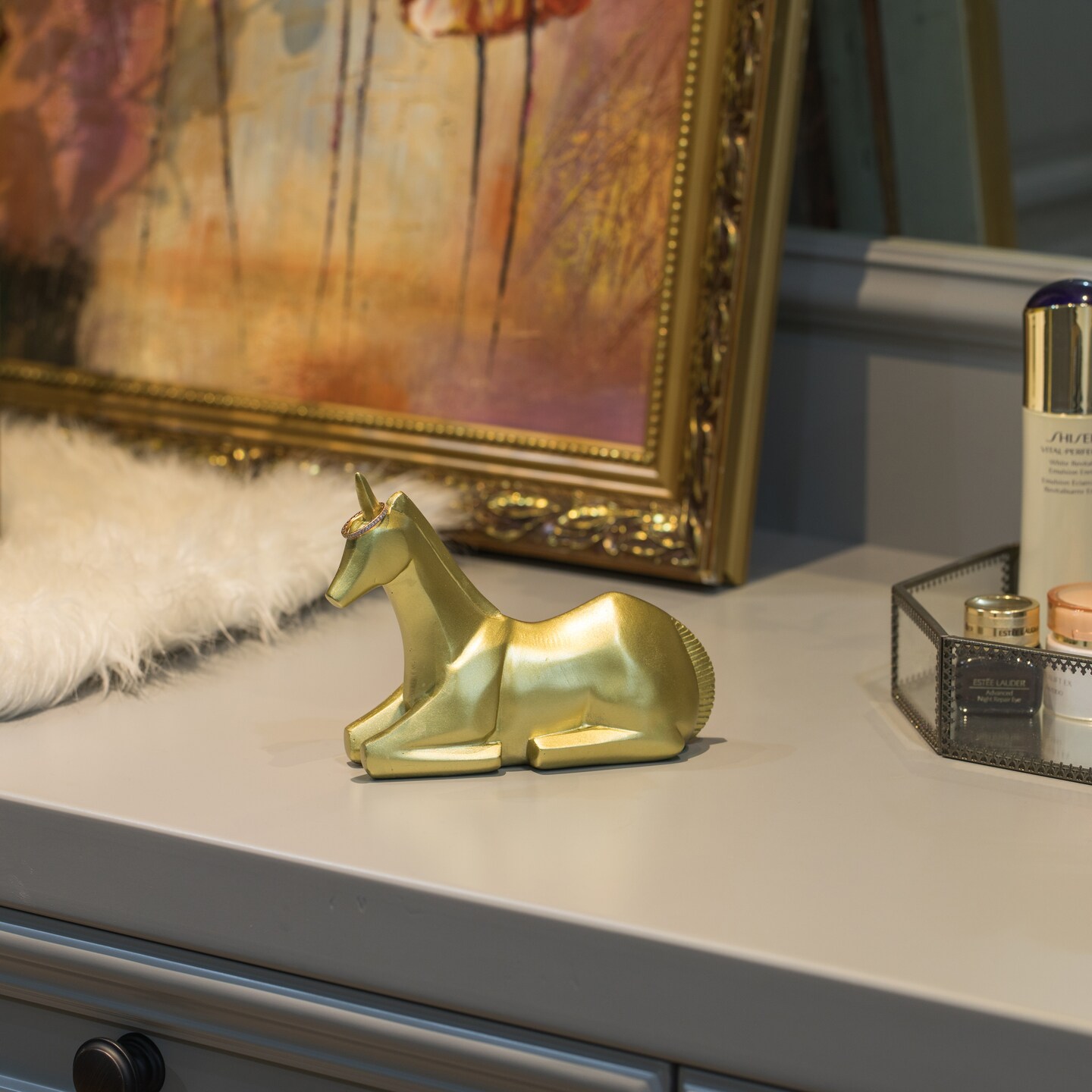 Decorative Gold Modern Geometric Unicorn Sculpture Figurine, Sitting Unicorn Statue Ring Holder
