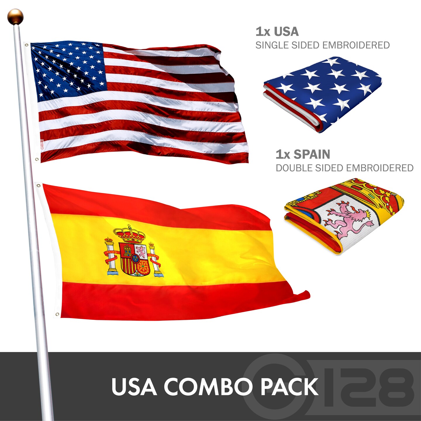 G128 Combo Pack: USA American Flag 3x5 Ft Embroidered Stars &#x26; Spain (Spanish) Flag 3x5 Ft Double-sided Embroidered 210D