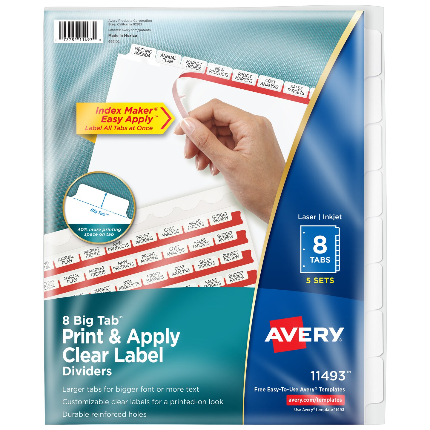 Avery 8 Big Tab Dividers for 3 Ring Binder, Easy Print &#x26; Apply Clear Label Strip, Index Maker Customizable White Tabs, 5 Sets (11493)